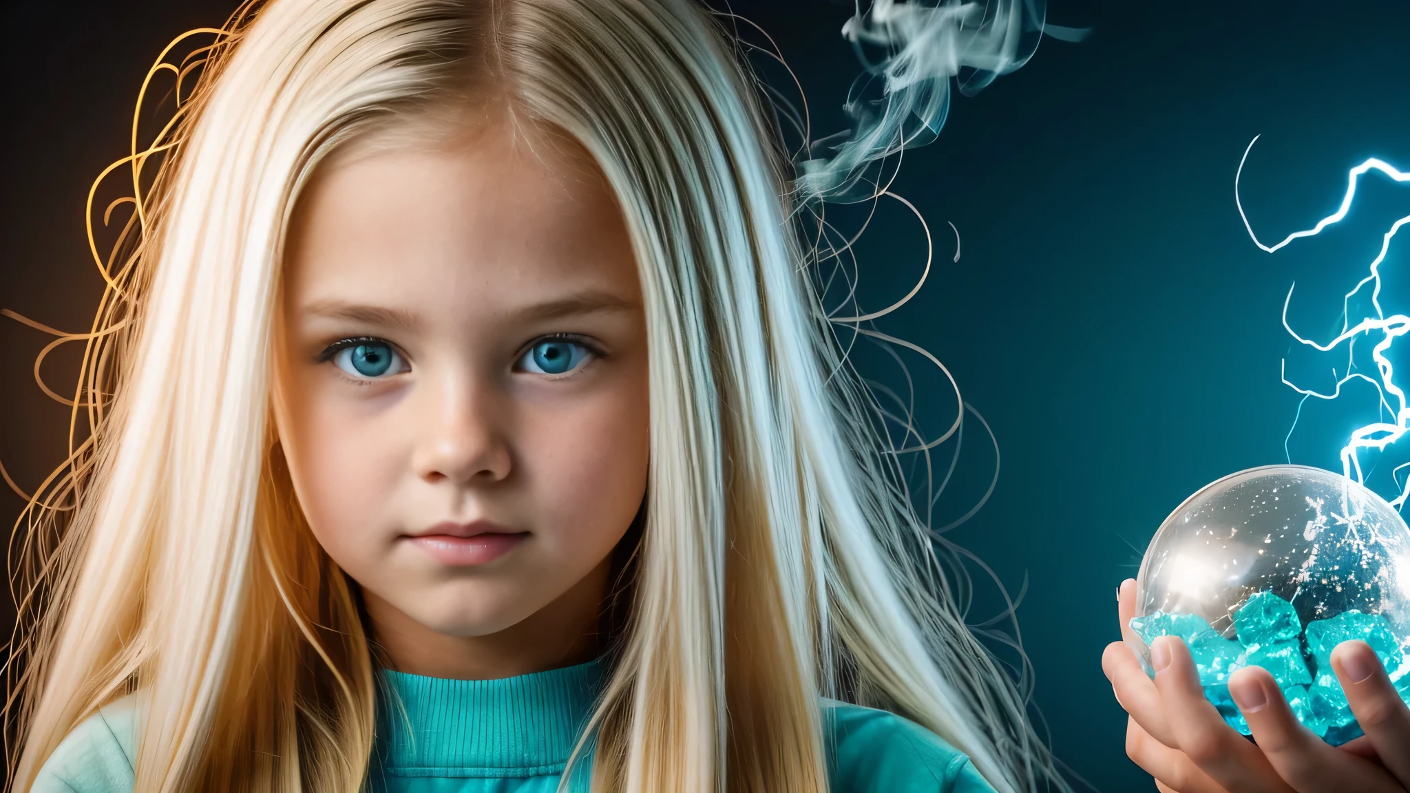 a close-up of a KIDS GIRL BLONDE with long hair, BIG BALL OF electrified ICE IN HANDS. SMOKE GREEN.