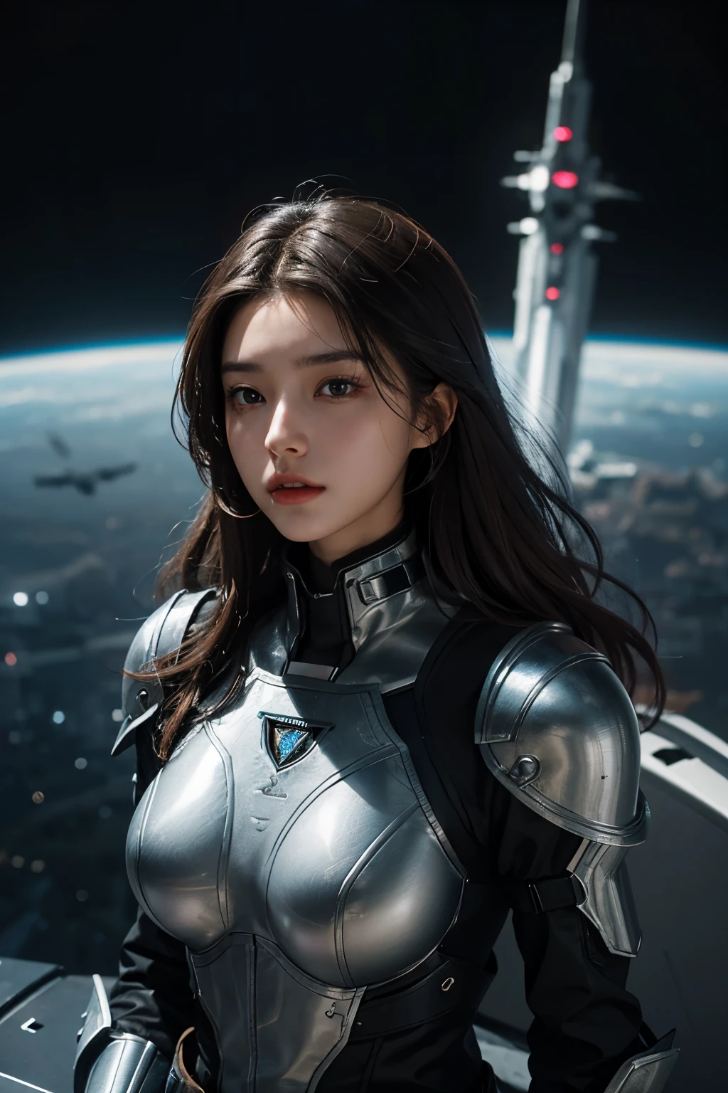 A beautiful woman. Twenty years old. Dark brown hair. She wears a metallic black battle uniform. A futuristic city exists in the space next to her. The weather is cloudy.
