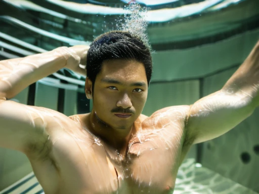Full body image of a Japanese man、A drama in which a Japanese male swimming club member is found dead..、A drama in which a Japanese lifesaver is found dead.、A drama in which a Japanese male university student playing water polo is found dead.、A tanned man with a shaved head、muscular man、A young Japanese man was killed by being submerged in a bathtub.、Japanese man in brief swimsuit lying dead at the bottom of the pool、A man dies wearing a skin-tight black Speedo swimsuit、A young man pretends to be dead with his eyes open、A young man sinking with his mouth open、Man lying on his back、A male corpse with his head down with a surprised expression、A man with a sad expression、strangled man、man suffocating、Full body image of a man submerged in water、A man participating in a swimming competition、Competitive swimming men、Swimming school man killed、Male swimming instructor killed、one man、A man wearing nothing on his upper body、man pretending to be murdered、male actor playing a corpse、A man who plays the role of being killed underwater、Suspense drama、mystery drama、underwater perspective、perspective from below、A young man opens his eyes and plays the role of a corpse..、I can see the whole body、looking up to the sky、swimmingcap