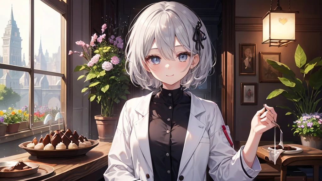 super high quality, with a girl, 20-year-old, very short hair, long bangs between the eyes, gray eyes , very detailed,(masterpiece、highest quality)、alone、gray hair、 silver hair, beautiful eyes、white jacket、black shirt、smile、flower garden、wink、Chocolate making、patissier、Fantasy landscapes
