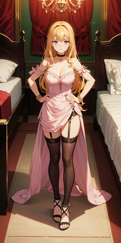 Pretty woman like an idol, full body, standing symmetrical feet together, hands on hips, garter belt, metal sandals, black choker, golden bracers on arms and knees (More elaborate illustrations、Castle Square、Red Carpet、Glittering room, bedroom background, pink sheets, white pillow)
