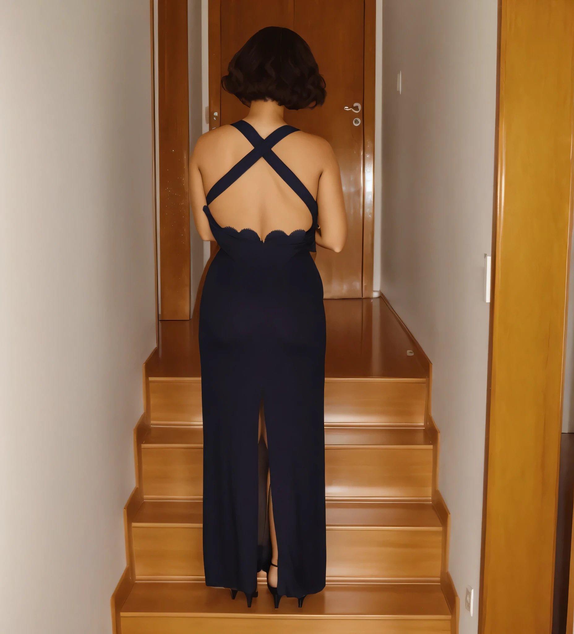 mulher arafa em um vestido preto subindo um lance de escadas, view from behind, seen from behind, photo taken from behind, vestido aberto, de volta - tiro, photographed from behind, fenda traseira, tiro de volta, vista traseira, usando vestido azul, tiro traseiro, vista traseira, usando um vestido longo, from behind