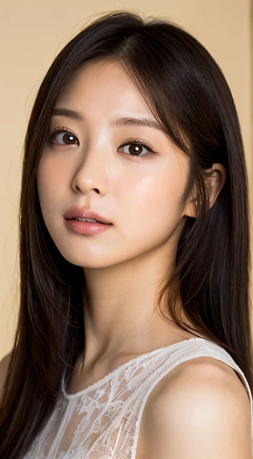 The image is a close-up portrait of a young Asian woman., likely of Japanese descent. She has a soft, A natural makeup look that highlights her features without looking overdone, that&#39;s her young々しさと優しさを引き立てています her hair is dark、Cut in dark shades. her hair is dark、Cut in a layered style that frames the face。, some fringes are visible on her forehead. The woman&#39;s expression is warm and attractive, with a slight smile and bright eyes that suggest friendliness and Friendliness. Friendliness. She wears a bright red top or dress with a wide neckline that exposes her shoulders。, add elegance to her outfit. The background of the photo is plain and blurry, make sure the focus is on her. The lighting in the photo is soft and even, A gentle glow on her face、Contributes to the overall pleasant atmosphere of the image。. The style of the photos is clean and professional, focus on the subject、Capture her personality and clothes clearly. her posture is open and relaxed, she put her shoulders back、with your head slightly tilted, Convey confidence and openness. Nozomi Sasaki style, Facial parts conform to the golden ratio, Symmetrical and clear face, white background, Japanese, 7.Six-headed, small face