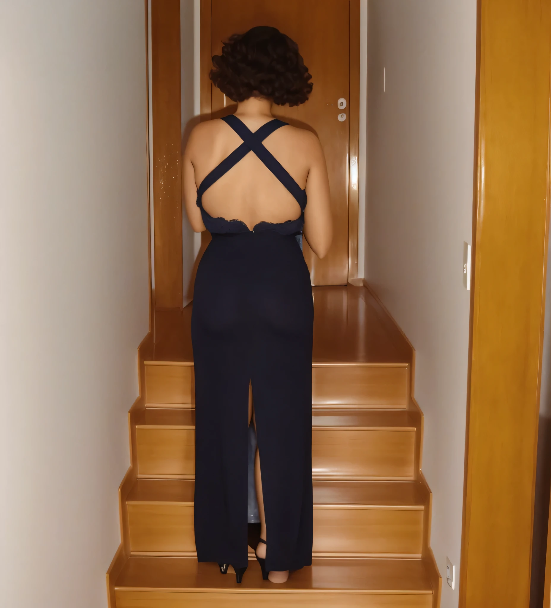 mulher arafa em um vestido preto subindo um lance de escadas, view from behind, seen from behind, photo taken from behind, vestido aberto, de volta - tiro, photographed from behind, fenda traseira, tiro de volta, vista traseira, usando vestido azul, tiro traseiro, vista traseira, usando um vestido longo, from behind