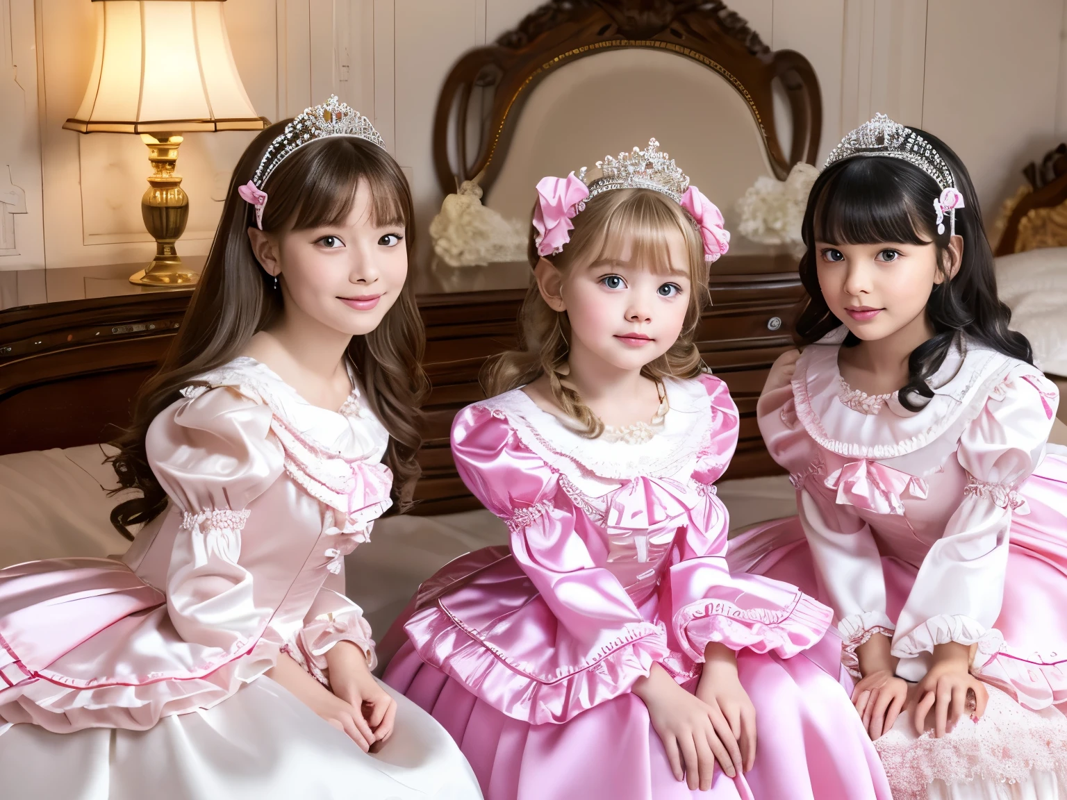 ,highest quality, masterpiece, highest resolution, artwork, super それにget used to it, many get used to it, get used to it, それにget used to it, 3k realistic pictures,,(( girls)),Ultra-detailed juvenile face,three are princesses,full length ball gown dress with hoop skirt,ruffled yoke collar,puff sleeves,long sleeve,((Lolita style hot pink detailed princess satin dress with lots of ruffles and ribbons)),Rococo style lolita fashion,shiny satin dress,Soft and smooth fabric,luxury,long blonde hair,blue eyes,white skin european,Pajama,((in the bedroom)),high quality princess canopy bed,lying on the bed,