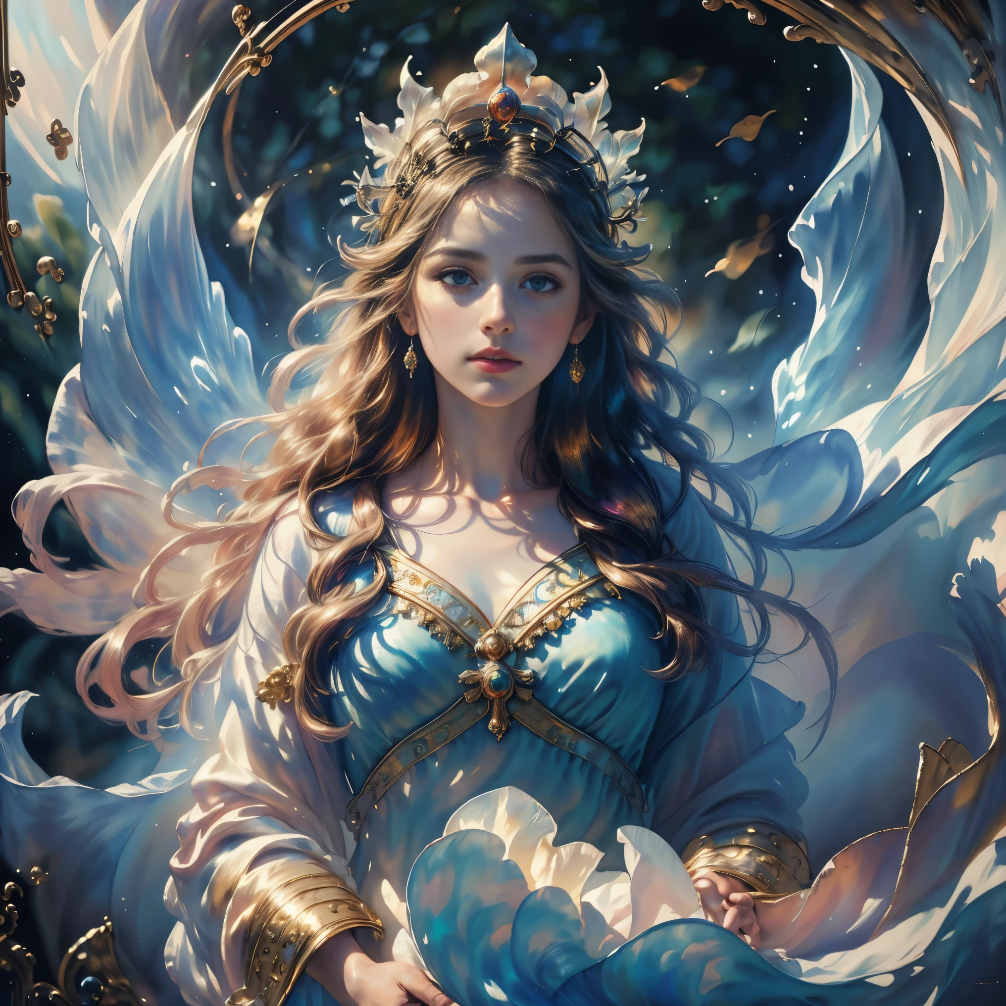 (best quality,4k,8k,highres,masterpiece:1.2),ultra-detailed,(realistic,photorealistic,photo-realistic:1.37),classic religious painting,Святая,halo,divine light,heavenly countenance,ornate crown,holy aura,serene expression,flowing robes,angelic wings,sacred atmosphere,golden background,mystical atmosphere,vivid colors,soft lighting,intense gaze,spiritual presence