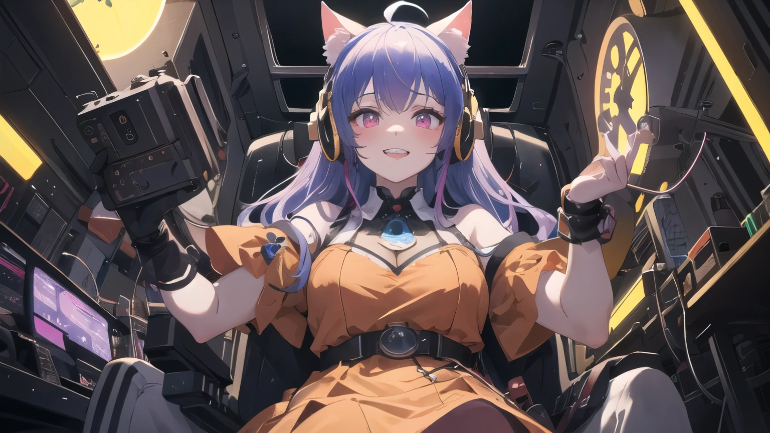 1girl, solo, 25 years old, wearing orange dress(intricate ornamentation), wild violet-blue hair, ahoge, pink eyes(neon glow), goggles on head, mecha cat ears on headset, grinning, blushing, thick adult body, voluptuous, pale skin(cadaverous complexion), wires extending, wire plugged into neck, wet skin, chiaroscuro, clockwork, steampunk spaceship cockpit, laying on leather pilot seat, from below, cosmic, stars outside, absurdes, high res, ultrasharp, 8k, best quality, masterpiece, looking at viewer, perfect hands, perfect fingers
