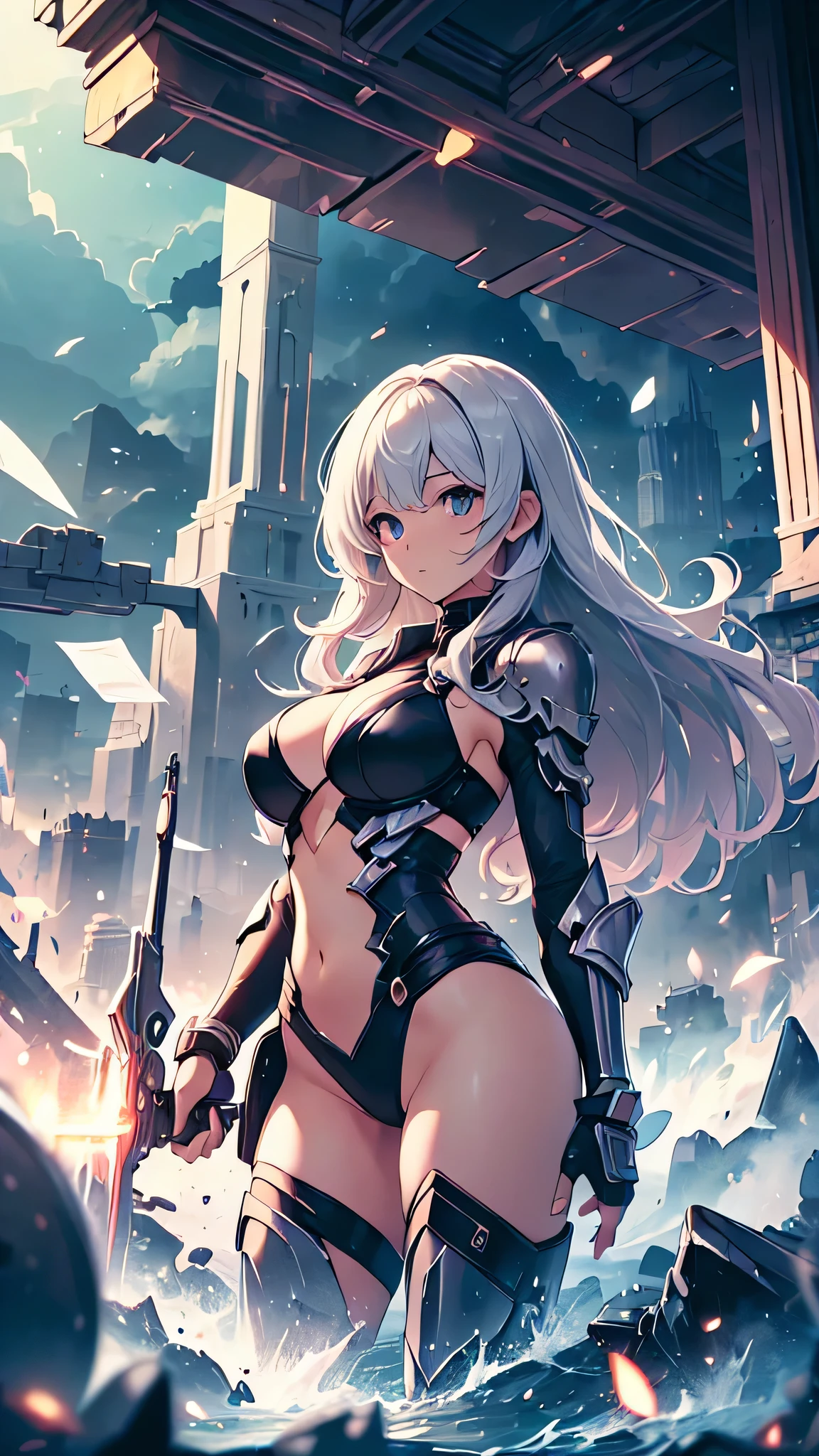 最high quality、best image quality、masterpiece、age girl((18-year-old、 By becoming、vest bust、medium bust,wide open breast tea、black eye, gray hAria、long hAria、thin,highest valley、Black Battlesuit、white arm parts、white leg parts、Holding a big sword、mechanically glowing red wings,Aria、splatters)),high quality、beautiful art、background((universe、battlefield、splattersing beams))瓦礫がsplatters、Depth of written boundary、movie、visual art、perfect art、8K,genuine