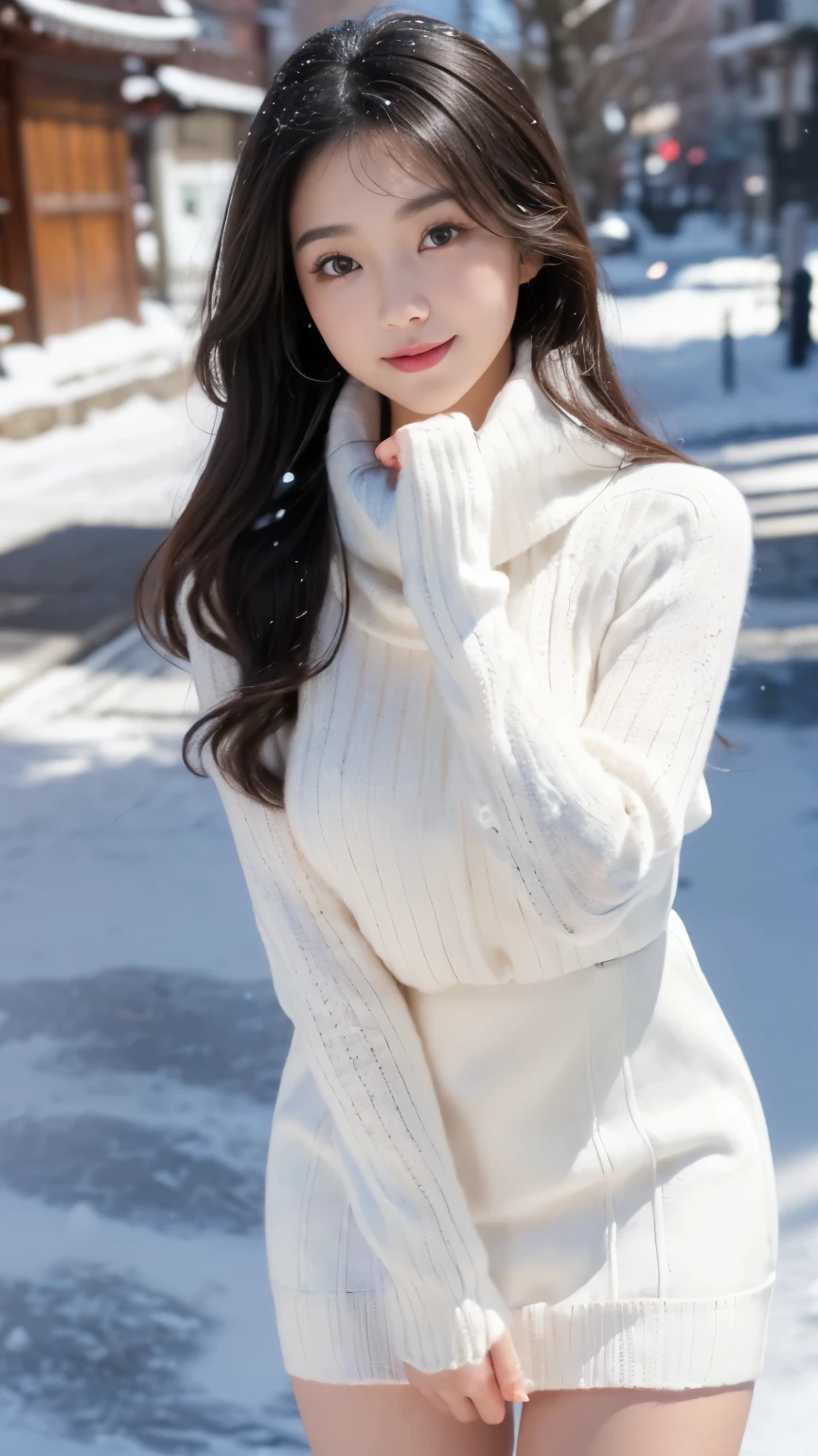 ((highest quality)), ((masterpiece)), (high resolution), perfect face,photorealistic:1.5,((winter、Tokyo、Shibuya、snow scene,town where it&#39;s snowing,japanese idol、japanese women、cute woman、1 girl,Scarf、gloves、long coat))、big breasts、woman in her 20s、long black hair、Detailed eyes and lips、Detailed eyes、round face、、looking at the camera、Smile、Big eyes、(knit sweater、skirt、knit dress)、((Precisely drawn hands and fingers、Accurately drawn arms and legs))