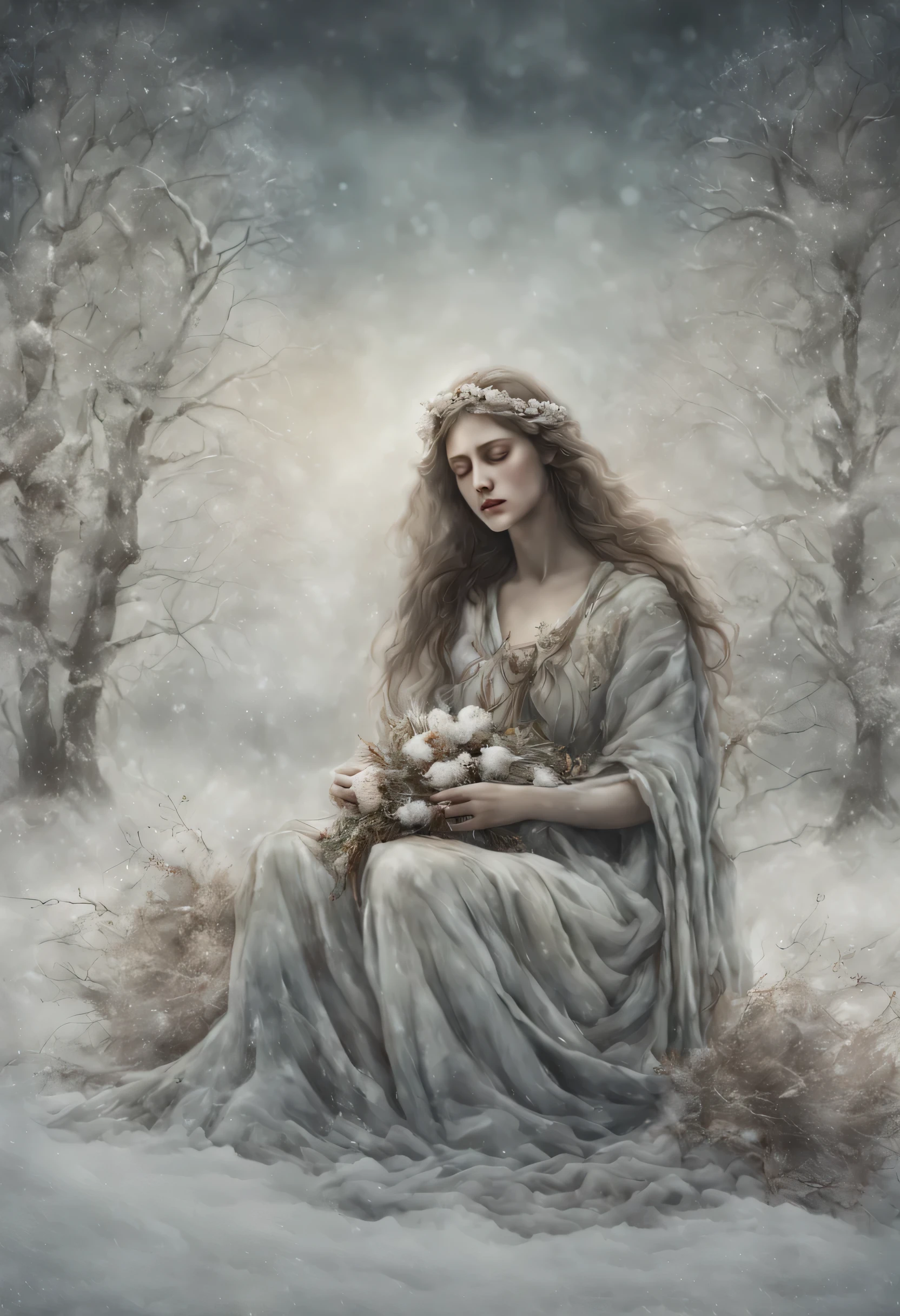 A poignant scene of Demeter's grief in a wintry realm, snow-covered fields stretching endlessly, the goddess cradling a wilted flower, the cold setting enhancing the emotional weight of her loss, Artwork, mixed media with subdued tones and delicate details