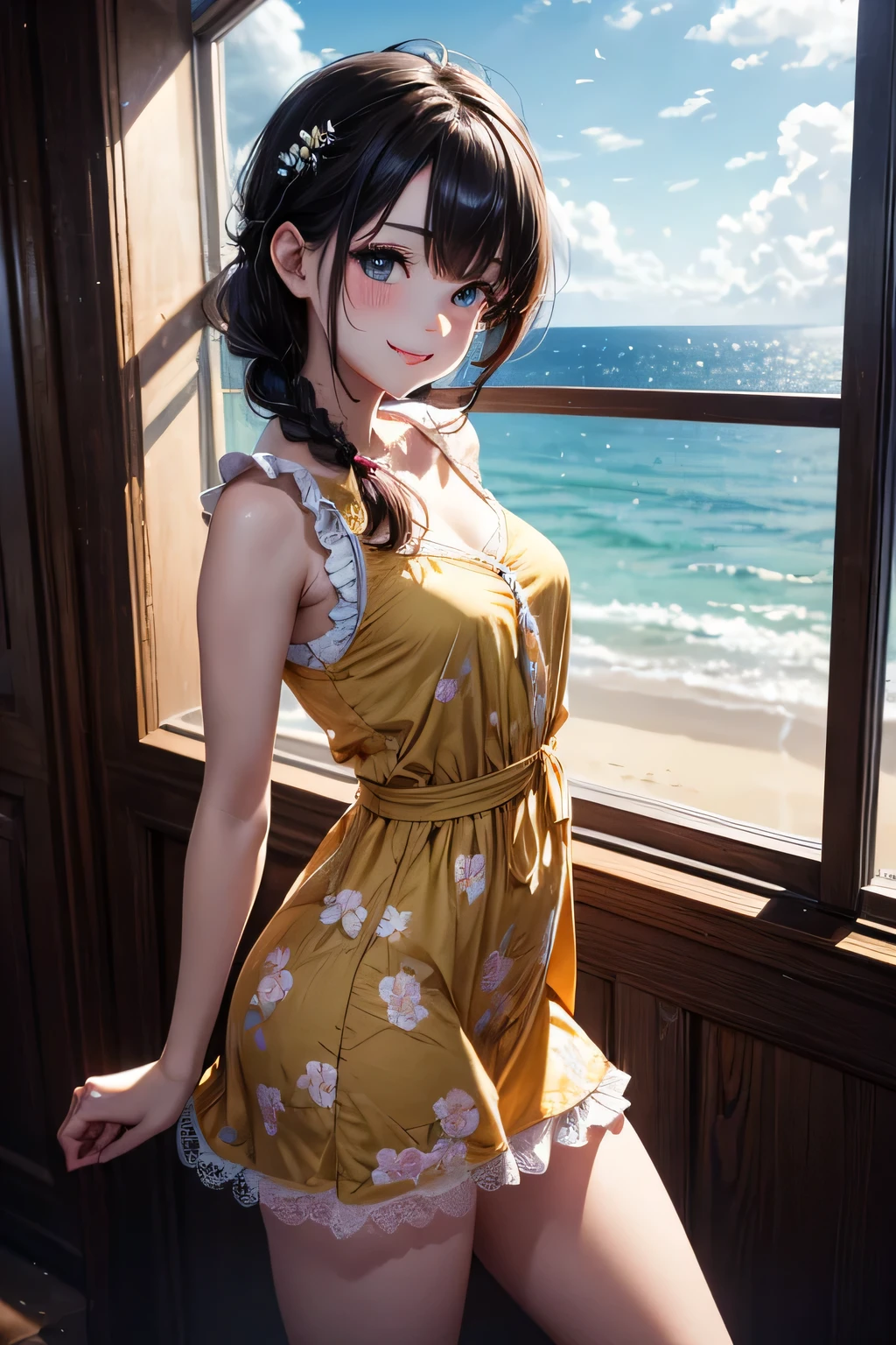 very cute and beautiful girl standing near the window,(Floral yellow summer dress with detailed ruffles),No sleeve,detailed lace,skirt lift,(white panties), (very detailed美しい顔と目:1.2),Antique hotel bedroom with outside view,distant tree々and the sea, cowboy shot,(smile:1.2),blush,medium hair,black hair,twin blade, (highest quality,masterpiece:1.2),disorganized,High resolution,super detailed,very detailed,32K,8K resolution, intricate details,movie-like scene,detailed background,alone,dynamic angle, Natural light,particles of light,beautiful and detailed sky,