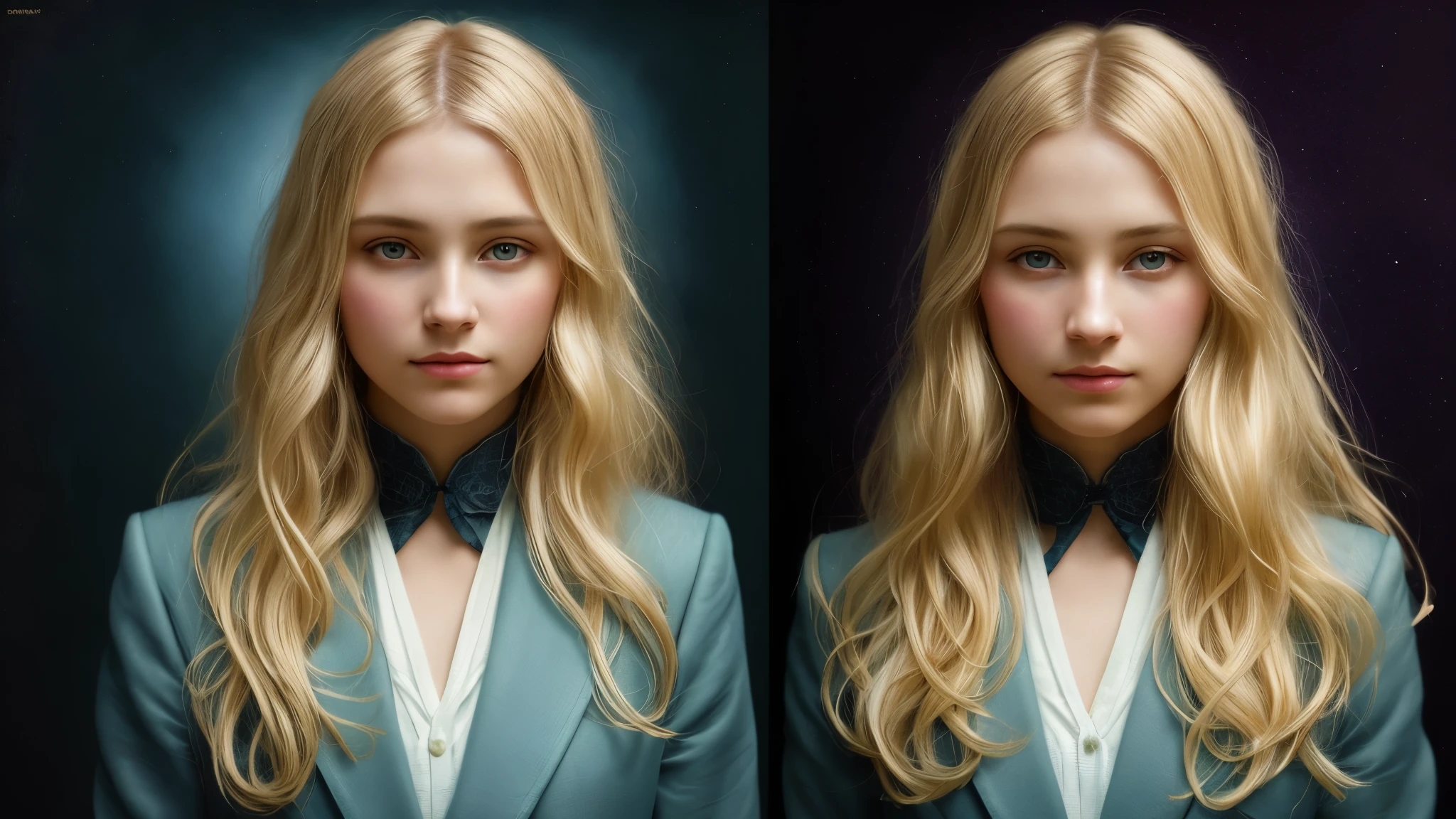 (front focus),(in the dark:1.6), Surrealistic Portraits of Women by David Hockney and Alphonse Mucha, fantasy art, Realistic photos, dynamic light, art station, poster, Volumetric light, Very detailed face, 4K, 1 girl, in the dark, deep shadow, low noise, cowboy shoot, (formal clothes:1.4), Shoulder length hair, with light blonde hair,