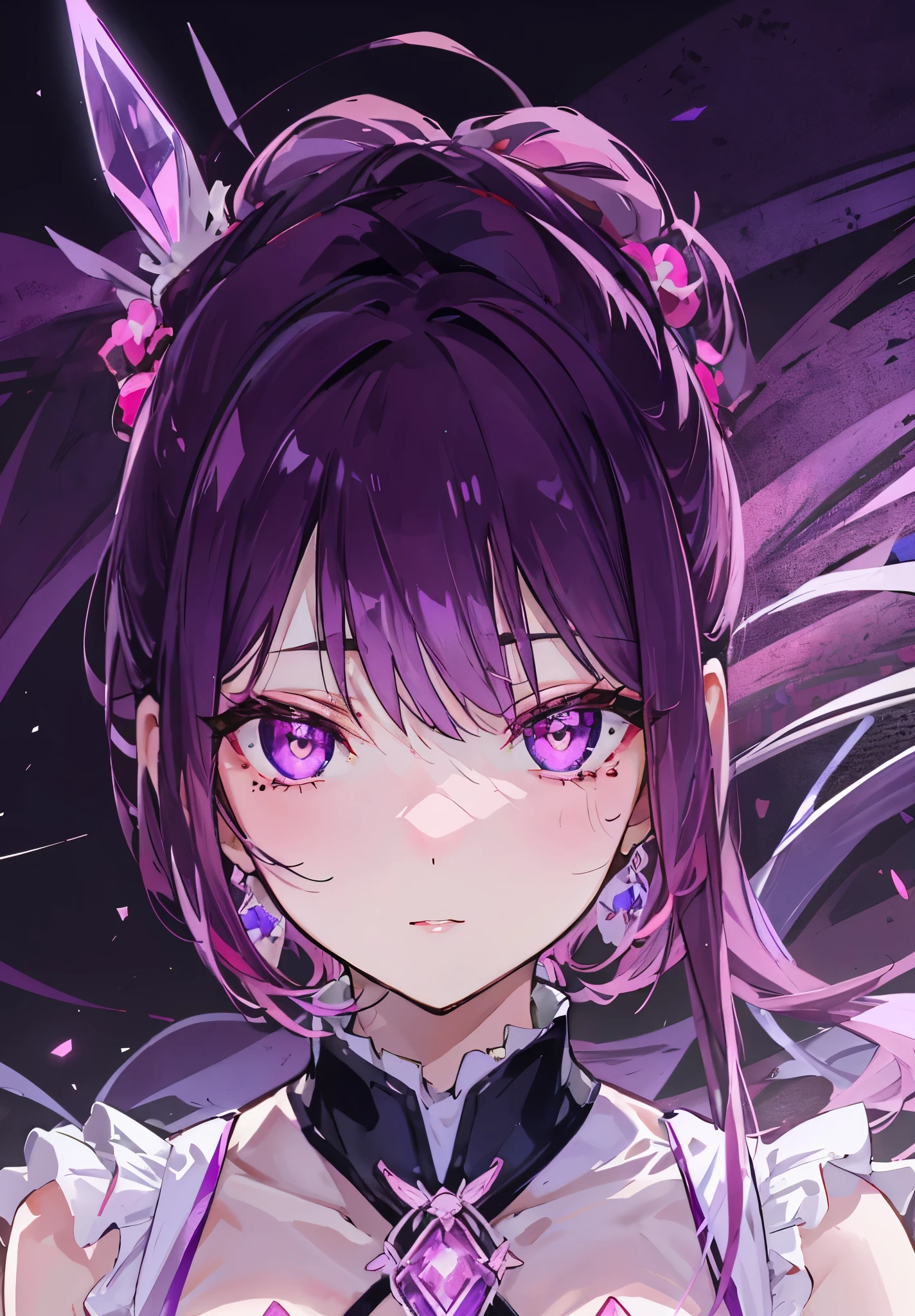 Pink-purple red pupils，beautiful purple brown hair，There is a mole in the center of the eyebrow，The face is white and tender，As cute as a rabbit，Violet orchid，Red crystal for decoration，The body is glowing with pink-purple fluorescence，Looks very sweet，Very cute