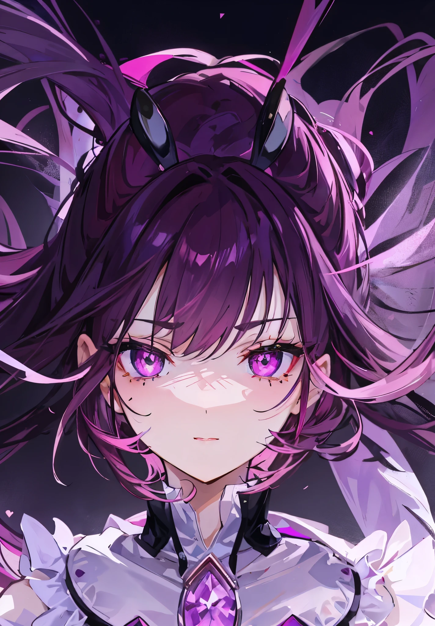 Pink-purple red pupils,beautiful purple brown hair,There is a mole in the center of the eyebrow,The face is white and tender,As cute as a rabbit,Violet orchid,Red crystal for decoration,The body is glowing with pink-purple fluorescence,Looks very sweet,Very cute