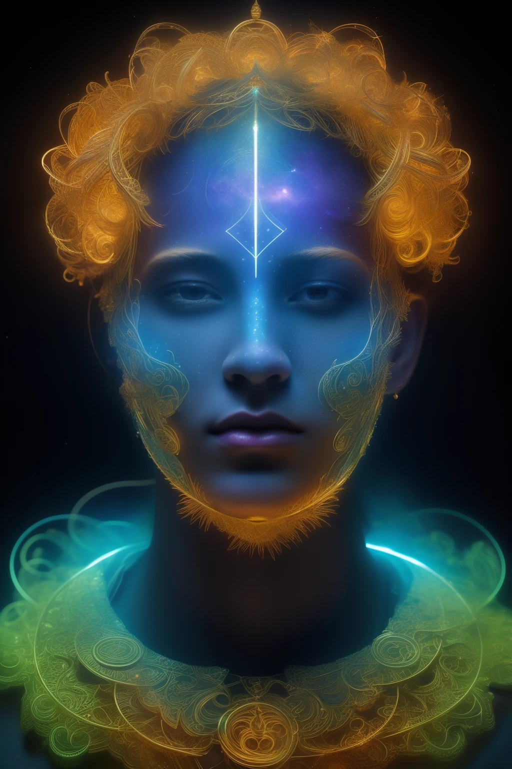 An intricately detailed close-up view of a divine male God, algorithmically enhanced and bathed in visually intense high definition magic, features a living lightning fractal crown adorned with tactical sun-motes and diamond moon shards. An inner bio-illuminated geometry, characterized by the 7th-Sphere, golden ratio, and starkest contrast, boasts flagrantly fibonacci formulated dynamic bi-lateral asymmetry. Surrounded by a quasi-cosmic vortex sub-model, with bright nebulae in the background and ironically staggered data sets, this divine being exudes super-critically unique quantum feedback algorithm frenzy. The hyper-