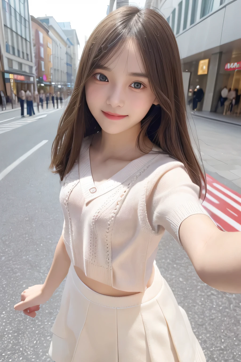 pieces fly、masterpiece、highest quality、Super detailed、High resolution、High resolution、8K portrait、unity 8k wallpaper、Detailed CG、unity 8k wallpaper、Detailed CGユニティ8kの壁紙、realistic、real person、portrait photography、shiny skin、(20-year-old:1.2)、(cute:1.2)、High resolution、beautiful clear eyes、very detailed explanation、delicate face、cute face、nice lips、thin waist、thin legs、(eight-headed body:1.6)、1 girl、(Shopping mall:1.2)、(flat chest:1.8)、(Short sleeve sweater:1.5)、(flare skirt:1.3)、(big smile:1.2)、(Self snap:1.6)、(small face:1.5)