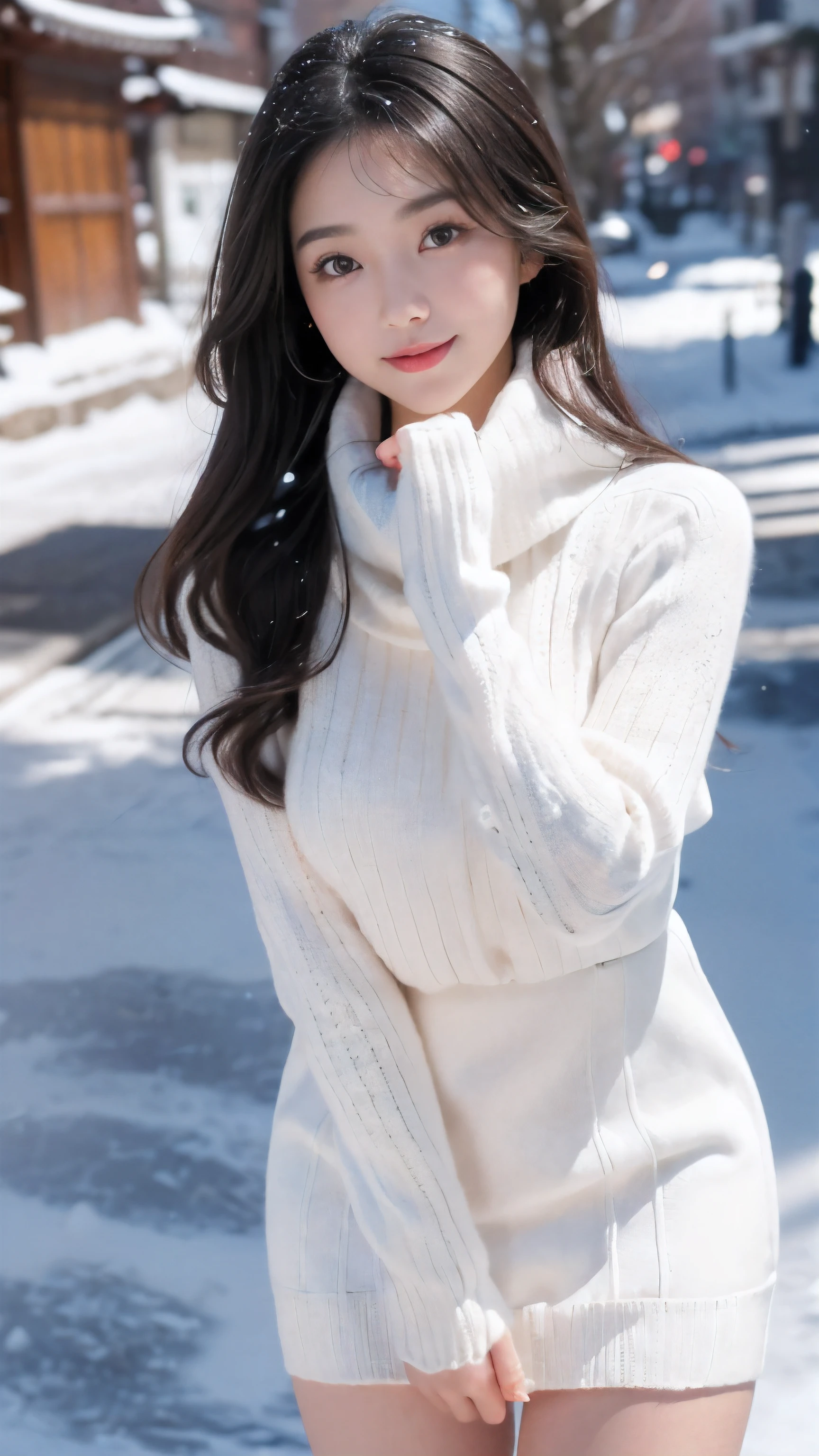 ((highest quality)), ((masterpiece)), (High resolution), perfect face,realistic:1.5,((winter、Tokyo、Shibuya Ward、snow scene,which town is that&#39;It&#39;s snowing,japanese idol、japanese woman、cute woman、1 girl,scarf、gloves、long coat))、big breasts、20th generation women、long black hair、fine eyes and lips、fine eyes、round face、baby face、look at the camera、smile、Big eyes、(knit sweater、skirt、knit dress)、((Precisely drawn hands and fingers、Accurately drawn arms and legs))