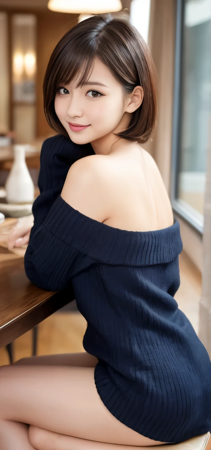 table top, highest quality, super detailed, finely, High resolution, 8k wallpaper, perfect dynamic composition, beautiful and fine eyes, office lady suit,short hair,medium breasts,natural color lip, bold sexy pose,smile,Shinjuku、20 year old girl、cute、sexy shot looking at camera、attractive、Off-shoulder knitwear、Elegant skirt、beautiful butt、big breasts thin waist、smaller butt、small ass、pose of temptation、slender and big、beautiful feet、Show your thighs and seduce them