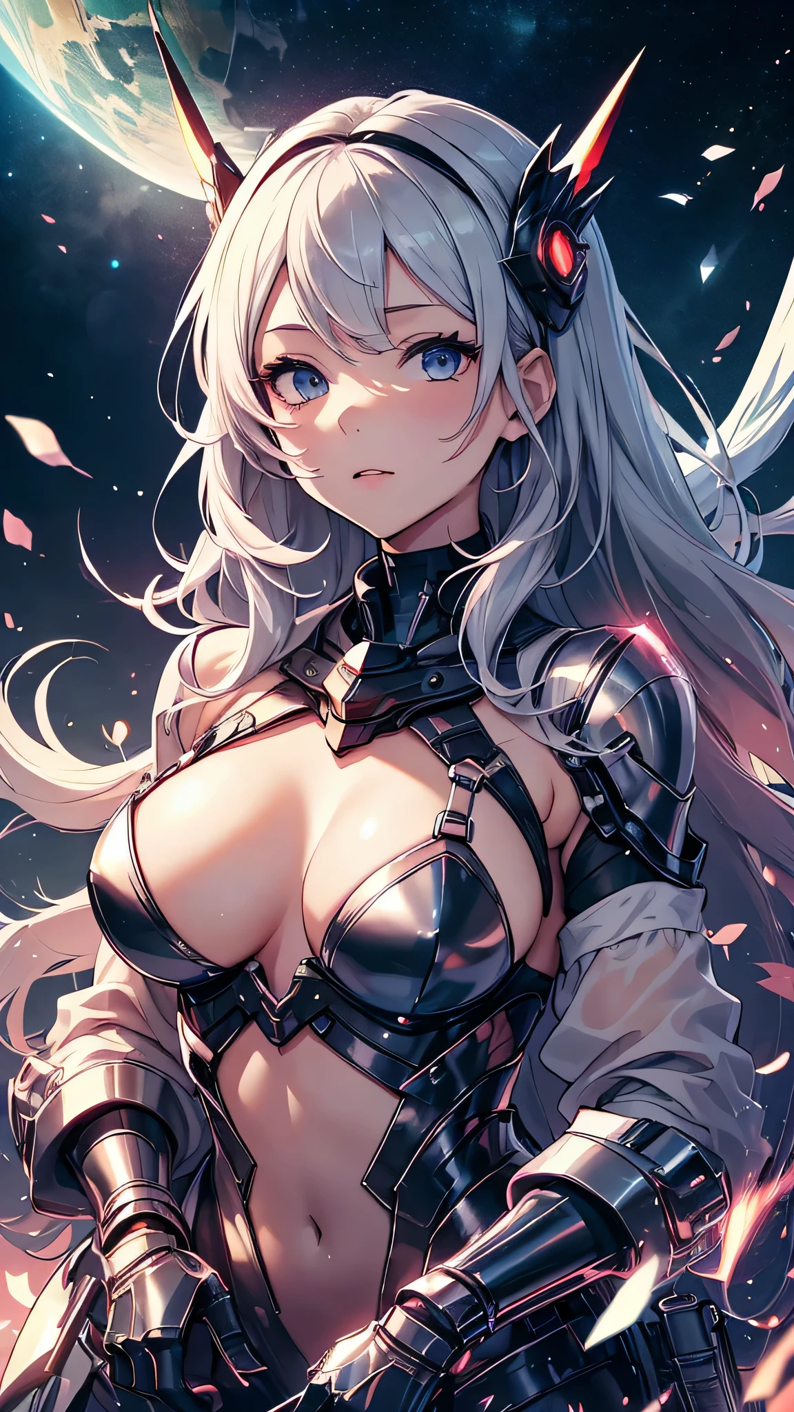 最high quality、best image quality、masterpiece、age girl((18-year-old、 By becoming、vest bust、medium bust,wide open breast tea、black eye, gray hair、long hair、thin,highest valley、Black Battlesuit、white arm parts、white leg parts、Holding a big sword、mechanically glowing red wings,null中、splatters)),high quality、beautiful art、background((宇宙null間、battlefield、splattersing beams、null))瓦礫がsplatters、Depth of written boundary、movie、visual art、perfect art、8K,genuine
