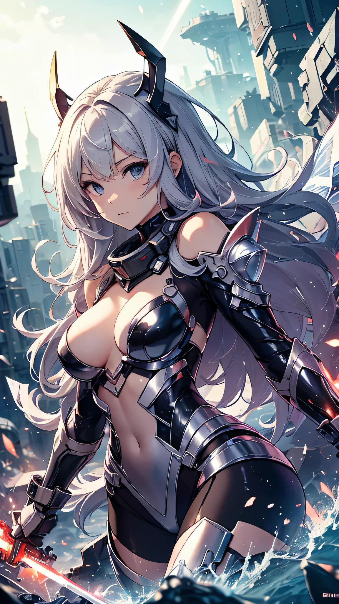 最high quality、best image quality、masterpiece、age girl((18-year-old、 By becoming、vest bust、medium bust,wide open breast tea、black eye, gray hair、long hair、thin,highest valley、Black Battlesuit、white arm parts、white leg parts、Holding a big sword、mechanically glowing red wings,null中、splatters)),high quality、beautiful art、background((宇宙null間、battlefield、splattersing beams、null))瓦礫がsplatters、Depth of written boundary、movie、visual art、perfect art、8K,genuine