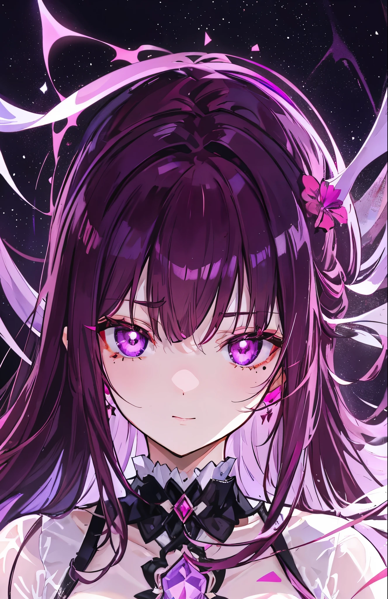 Pink-purple red pupils,beautiful purple brown hair,There is a mole in the center of the eyebrow,The face is white and tender,As cute as a rabbit,Violet orchid,Red crystal for decoration,The body is glowing with pink-purple fluorescence,Looks very sweet,Very cute
