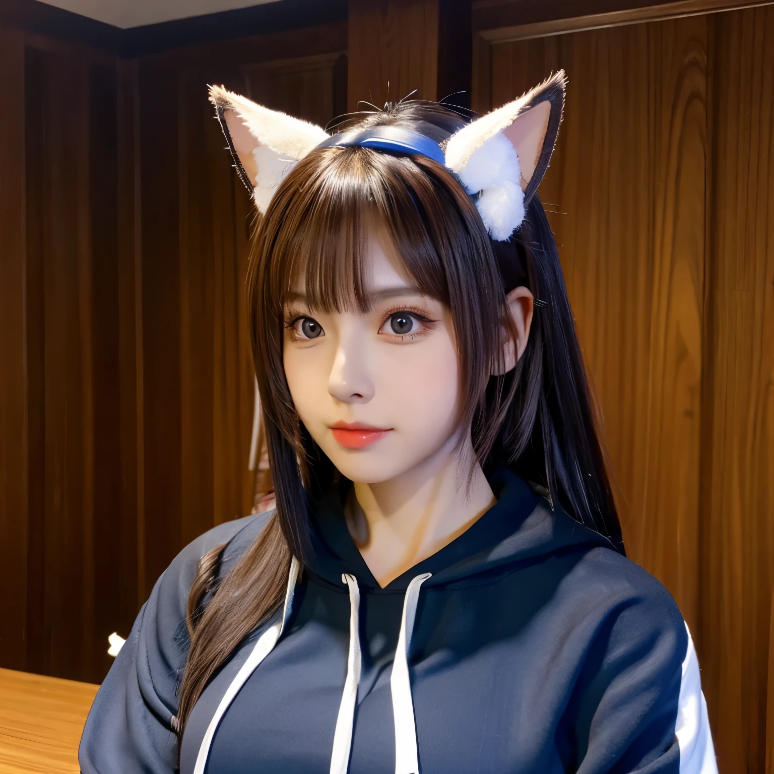 A beautiful girl with a very large bust wearing a hoodie with cat ears