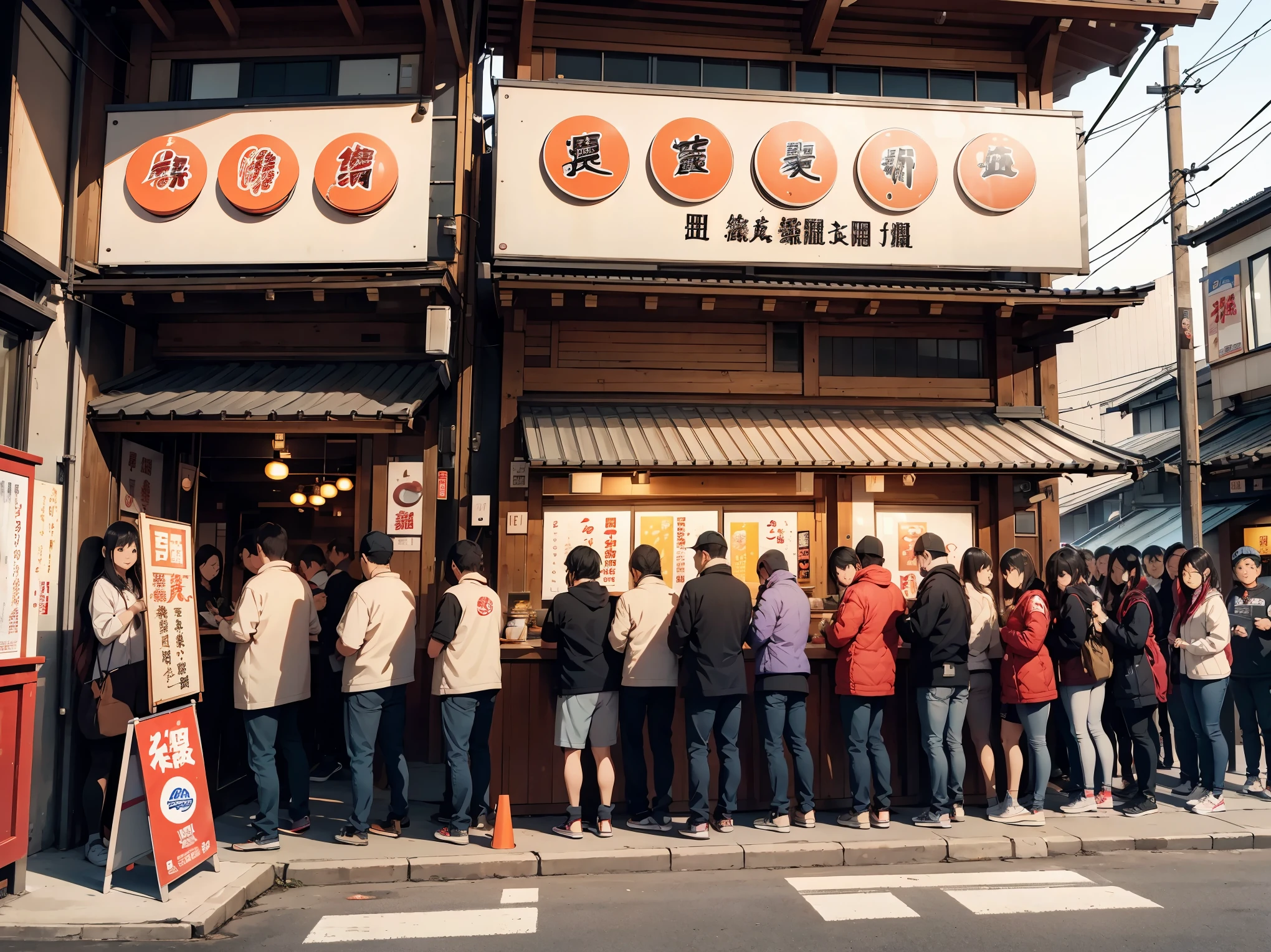 People lining up at a ramen shop々, Long queues, Ramen sign, boring waiting time, Standing in a row,