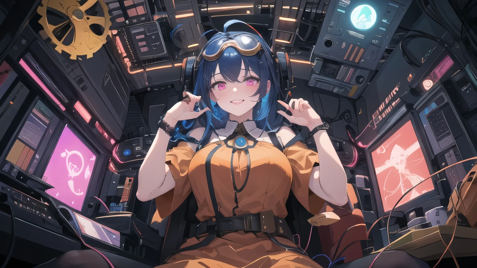 1girl, solo, 25 years old, wearing orange dress(intricate ornamentation), wild violet-blue hair, ahoge, pink eyes(neon glow), goggles on head, grinning, blushing, thick adult body, voluptuous, pale skin(cadaverous complexion), wires extending, wire plugged into neck, wet skin, chiaroscuro, clockwork, steampunk spaceship cockpit, laying on leather pilot seat, from below, cosmic, stars outside, magic circle on monitors, absurdes, high res, ultrasharp, 8k, best quality, masterpiece, looking at viewer, perfect hands, perfect fingers
