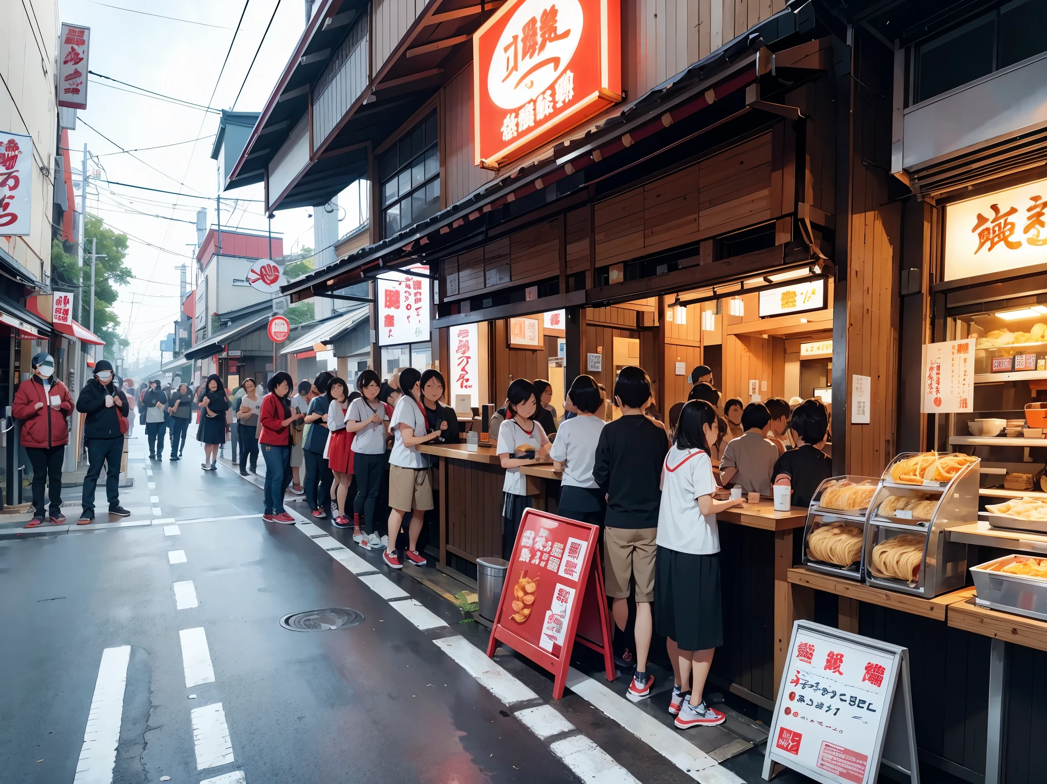 People lining up at a ramen shop々, Long queues, Line at the store, Ramen sign, Long queues, boring waiting time, Standing in a row,