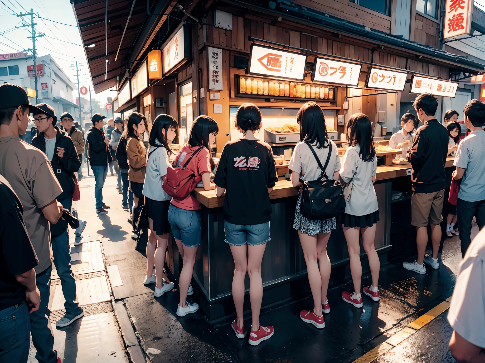 People lining up at a ramen shop々, Long queues, Line at the store, Ramen sign, Long queues, boring waiting time, Standing in a row,