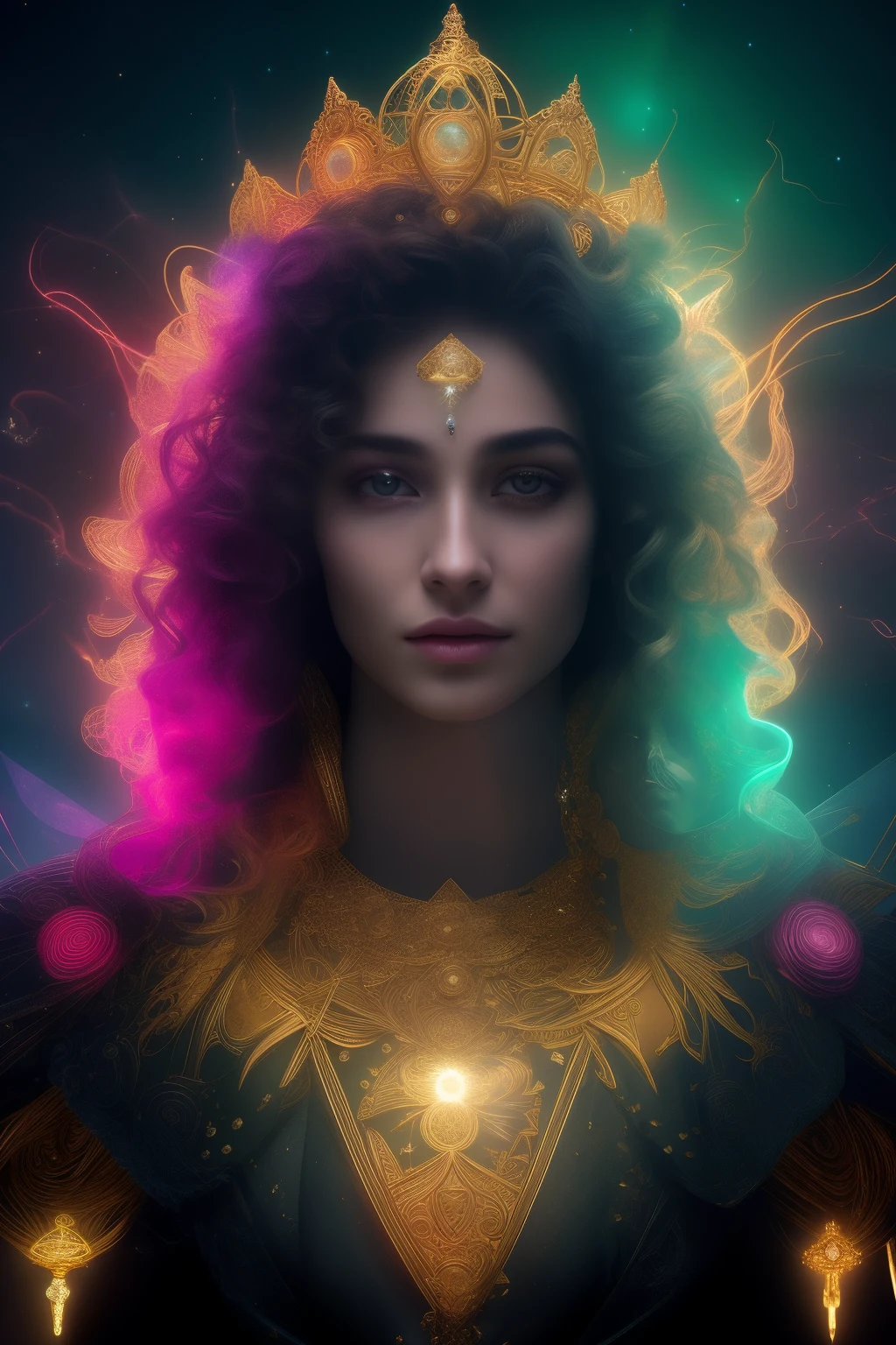 An intricately detailed close-up view of a divine male God, algorithmically enhanced and bathed in visually intense high definition magic, features a living lightning fractal crown adorned with tactical sun-motes and diamond moon shards. An inner bio-illuminated geometry, characterized by the 7th-Sphere, golden ratio, and starkest contrast, boasts flagrantly fibonacci formulated dynamic bi-lateral asymmetry. Surrounded by a quasi-cosmic vortex sub-model, with bright nebulae in the background and ironically staggered data sets, this divine being exudes super-critically unique quantum feedback algorithm frenzy. The hyper-