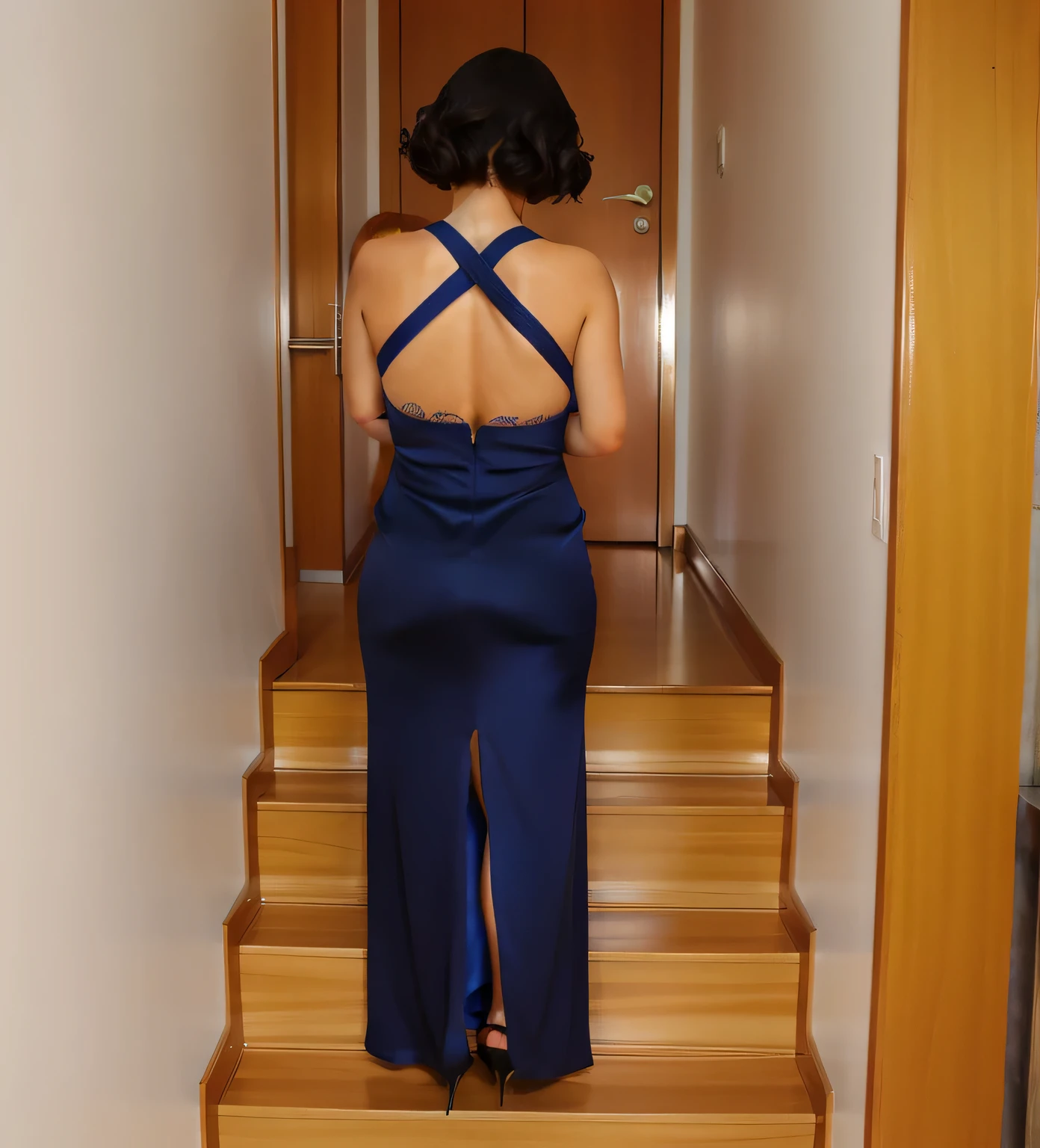 mulher em um vestido azul escuro, subindo um lance de escadas, photo taken from behind, vestido aberto, fenda traseira, usando um vestido longo, from behind, 8k.