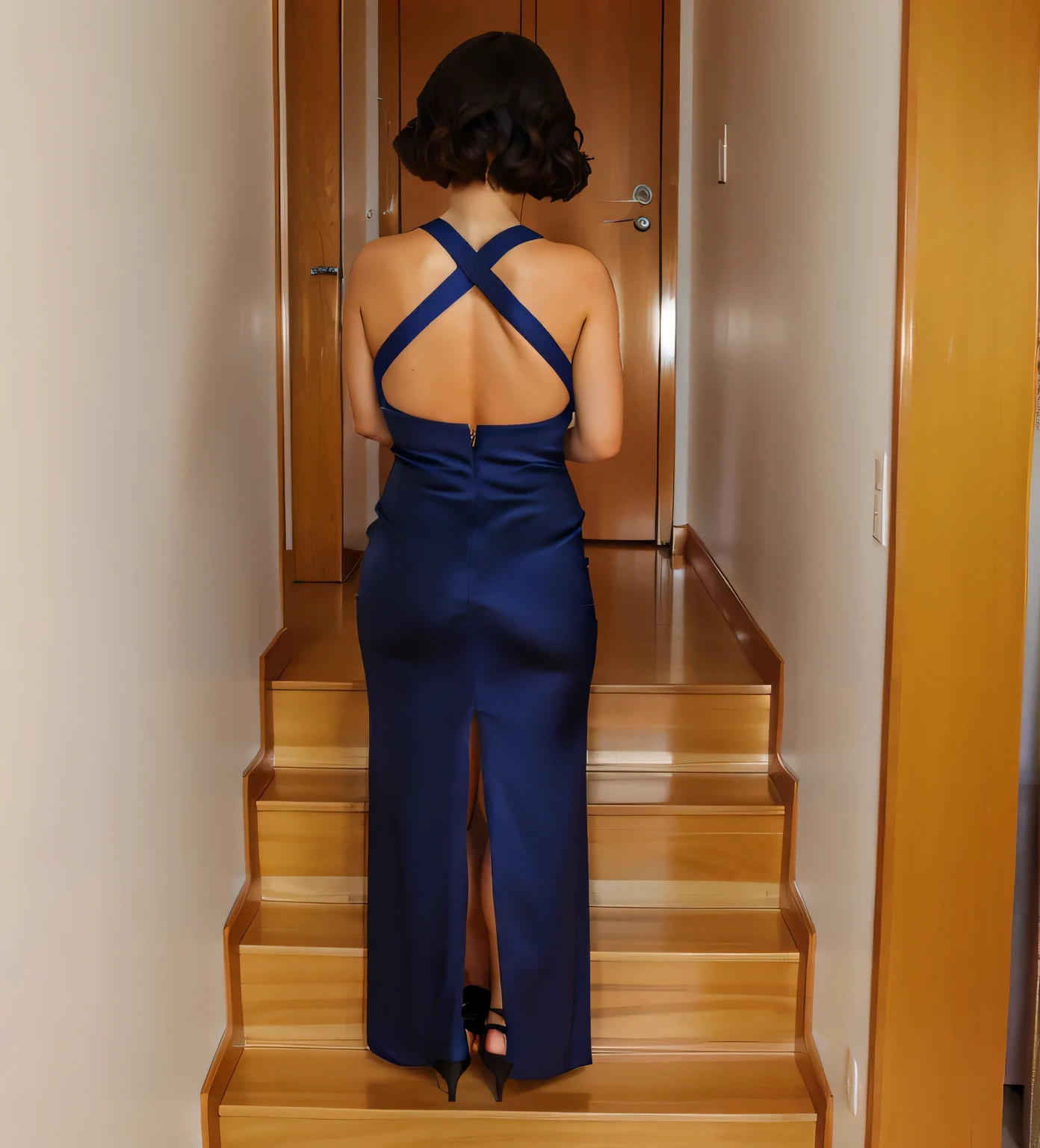 mulher em um vestido azul escuro, subindo um lance de escadas, photo taken from behind, vestido aberto, fenda traseira, usando um vestido longo, from behind, 8k.