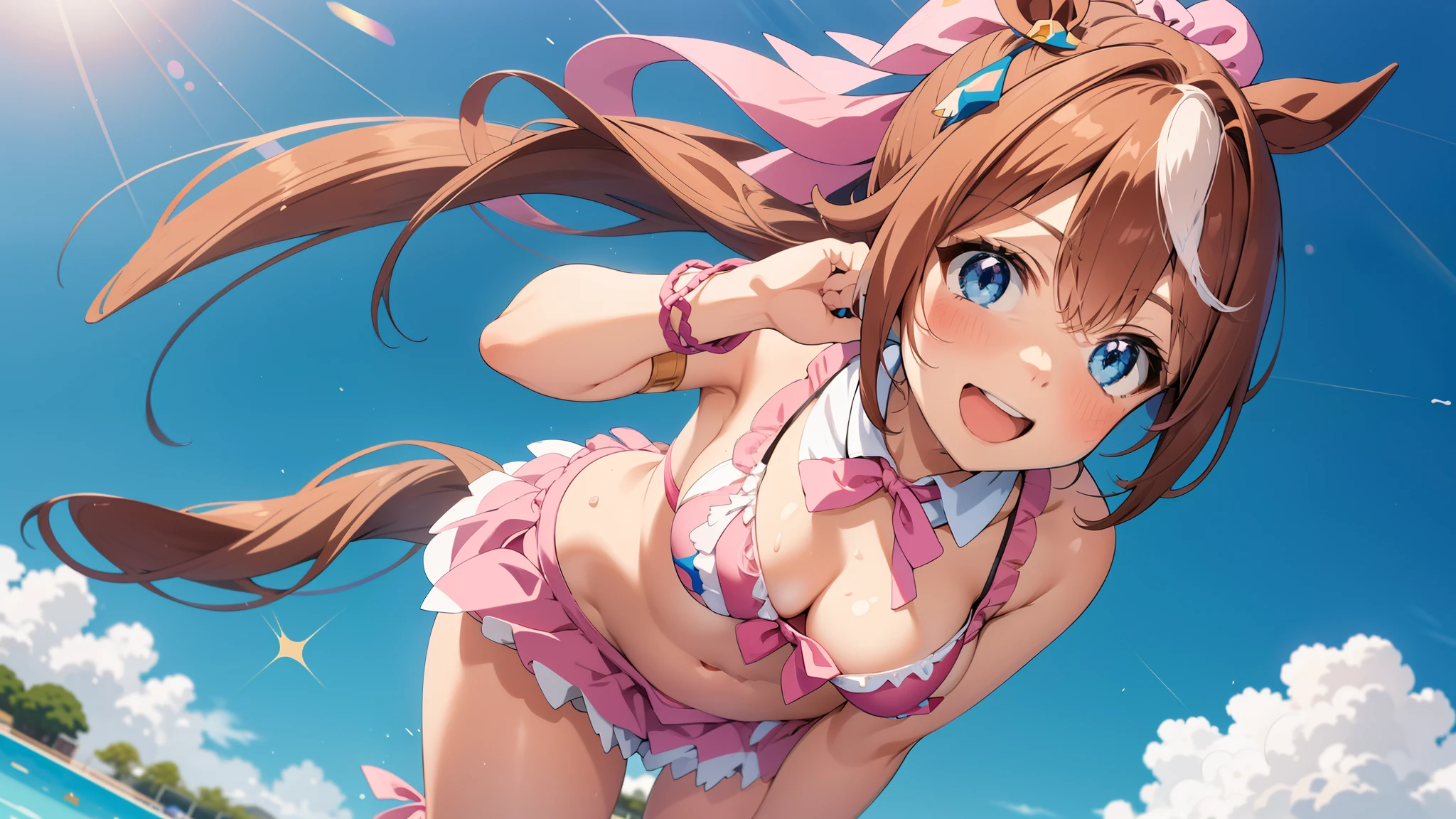 solo, 1 girl, masterpiece, highest quality,
tokai teio \(umamusume\),
From above, upward, look up, smile, open your mouth,
brown hair, ponytail, white mesh hair ribbon, pink ribbon, (bikini:1.4), ribbon on the chest, background a pool,