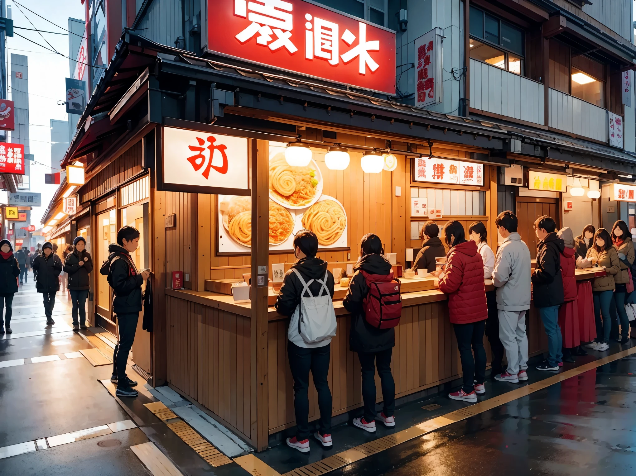 People lining up at a ramen shop々, Long queues, Line at the store, Ramen sign, Long queues, boring waiting time, Standing in a row,