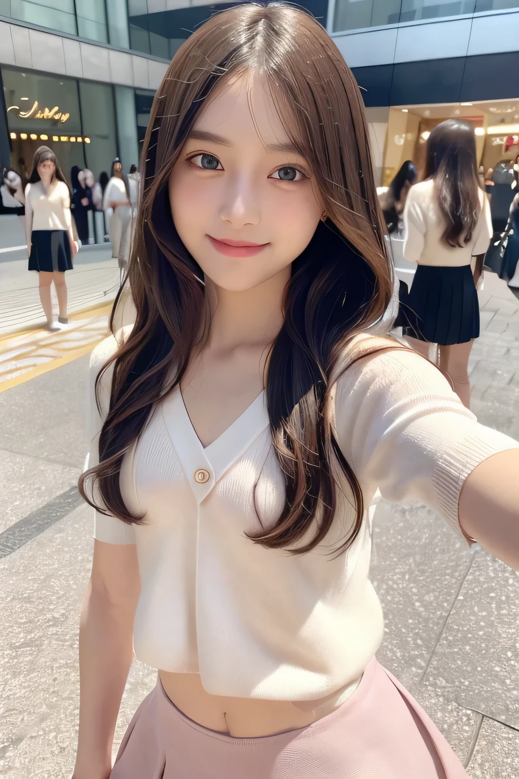 pieces fly、masterpiece、highest quality、Super detailed、High resolution、High resolution、8K portrait、unity 8k wallpaper、Detailed CG、unity 8k wallpaper、Detailed CGユニティ8kの壁紙、realistic、real person、portrait photography、shiny skin、（20-year-old:1.2）、(cute:1.2)、High resolution、beautiful clear eyes、very detailed explanation、delicate face、cute face、nice lips、thin waist、thin legs、(eight-headed body:1.4)、1 girl、(Shopping mall:1.2)、(flat chest:1.6)、(Short sleeve sweater:1.3)、(flare skirt:1.3)、(big smile:1.2)、(Self snap:1.6)、(small face:1.3)、(wavy hair:1.2)、(No bra:1.4)