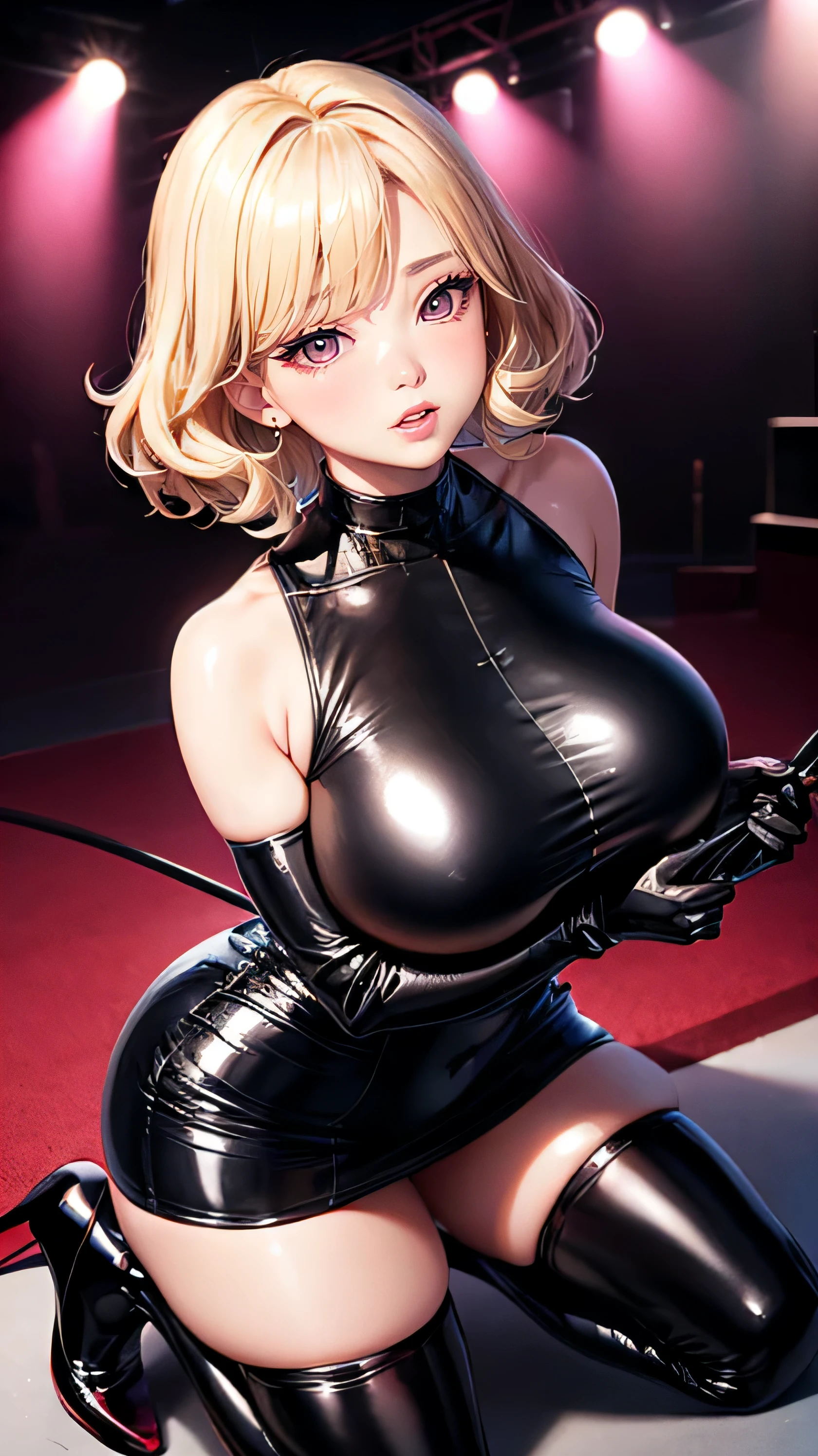 korean idol mature woman ((Chubby round face arafe)) big breasts blonde short hair wavy hair fancy makeup Gloss pink lips Sexy gaze Glossy Enamel Leather Black Bodycon Dress、black stockings (fancy lighting stage) Gorgeous atmosphere woman ((Clothes)) Looking at the camera Low angle shooting duck mouth