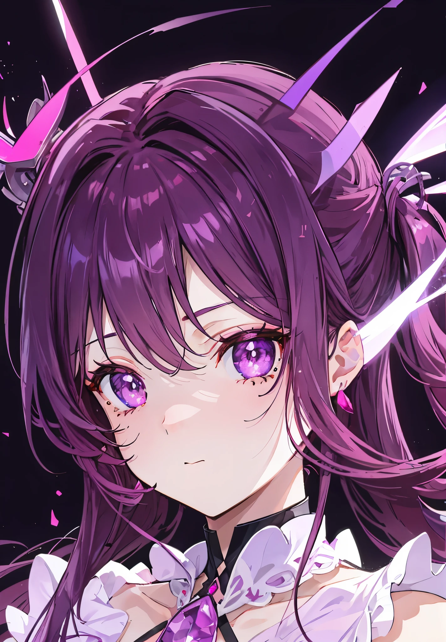 Pink-purple red pupils,beautiful purple brown hair,There is a mole in the center of the eyebrow,The face is white and tender,As cute as a rabbit,Violet orchid,Red crystal for decoration,The body is glowing with pink-purple fluorescence,Looks very sweet,Very cute