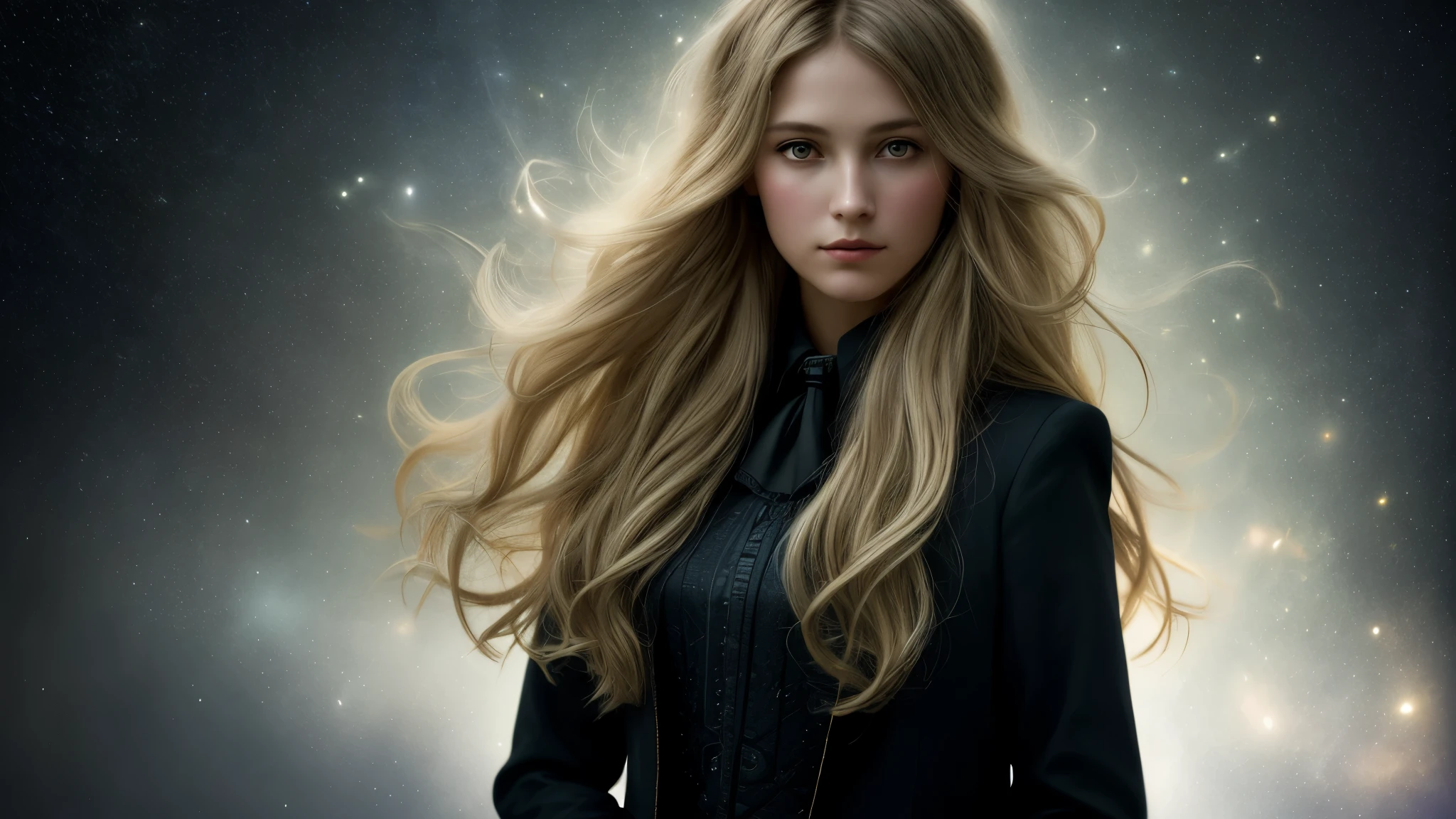 (front focus),(in the dark:1.6), Surrealistic Portraits of Women by David Hockney and Alphonse Mucha, fantasy art, Realistic photos, dynamic light, art station, poster, Volumetric light, Very detailed face, 4K, 1 girl, in the dark, deep shadow, low noise, cowboy shoot, (formal clothes:1.4), Shoulder length hair, with light blonde hair,