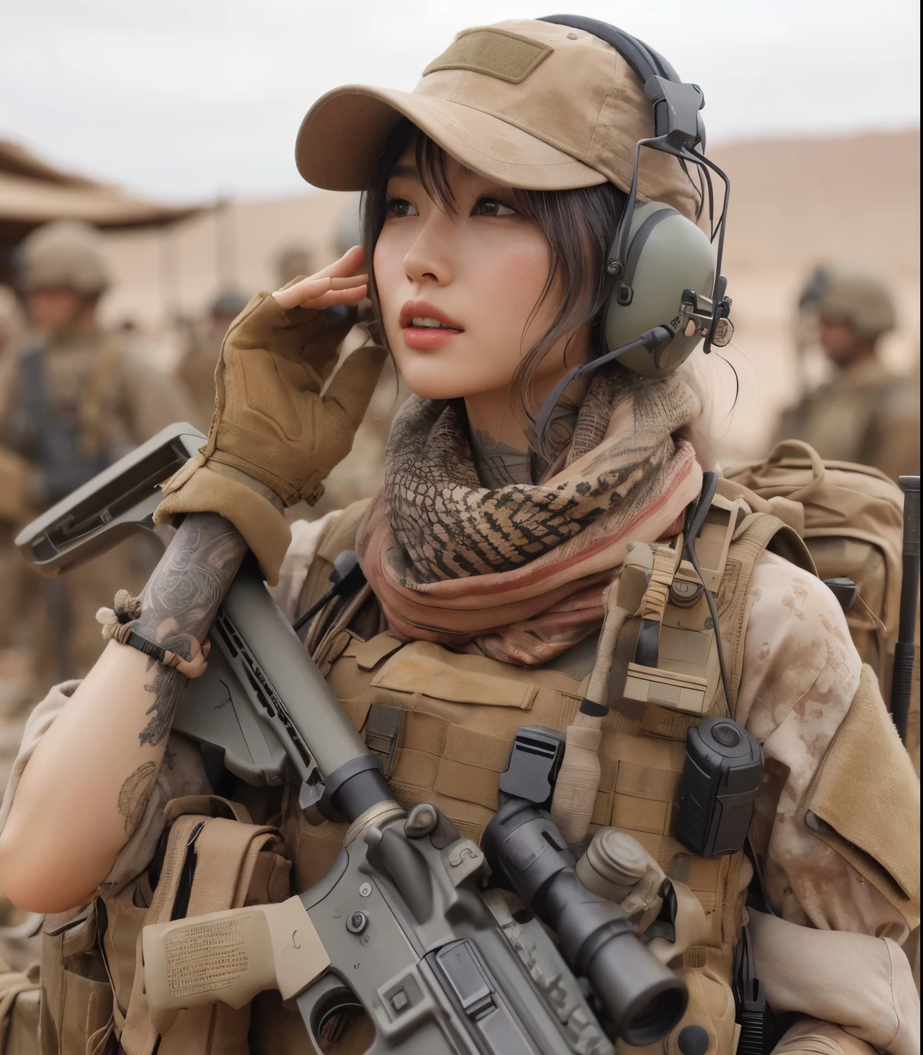 photorealistic、Realistic skin textures、A beautiful Japanese woman belonging to the U.S. military is talking with gestures at a base camp set up in a wasteland.、tent、military vehicle、automatic rifle propped up、bulletproof vest、afghan scarf、baseball cap、Backpack、Heavy equipment、tattoo、boots、scratch、Action poses with movement、