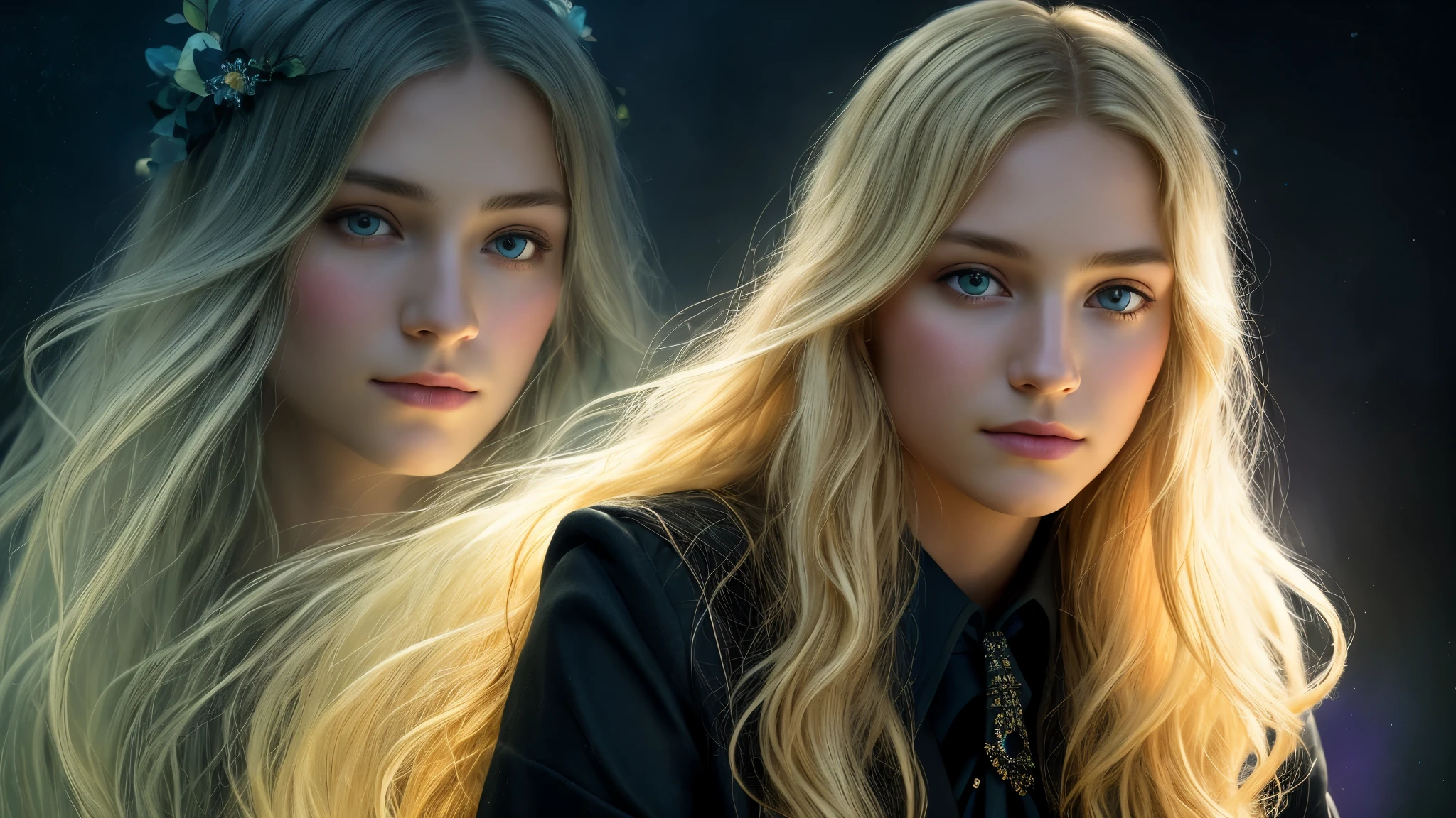 (front focus),(in the dark:1.6), Surrealistic Portraits of Women by David Hockney and Alphonse Mucha, fantasy art, Realistic photos, dynamic light, art station, poster, Volumetric light, Very detailed face, 4K, 1 girl, in the dark, deep shadow, low noise, cowboy shoot, (formal clothes:1.4), Shoulder length hair, with light blonde hair,