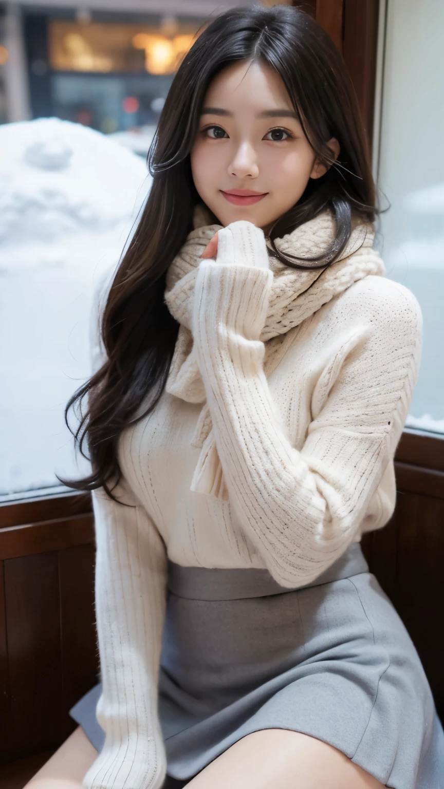((highest quality)), ((masterpiece)), (high resolution), perfect face,photorealistic:1.5,((winter、Tokyo、Shibuya、snow scene,town where it's snowing,japanese idol、japanese women、cute woman、1 girl,(Scarf、gloves、long coat)))、big breasts、woman in her 20s、long black hair、Detailed eyes and lips、Detailed eyes、round face、baby face、looking at the camera、Smile、Big eyes、(knit sweater、skirt、knit dress、((赤いskirt)))、((Precisely drawn hands and fingers、Accurately drawn arms and legs))