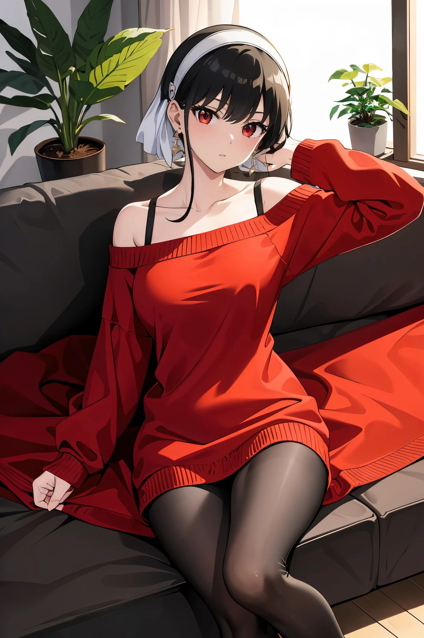 masterpiece, yor, 1girl, solo,shy,embarrassed,blushed,lying arms up,black hair, red eyes, dress, bare shoulders, jewelry, collarbone, sidelocks, hairband, earrings, indoors, off shoulder, sweater,balck pantyhose,plant, short hair with long locks, white hairband, off-shoulder dress,(sweater dress),off-shoulder sweater,(red sweater),big side hair,very long side hair,black pantyhose,((lying arms up)),