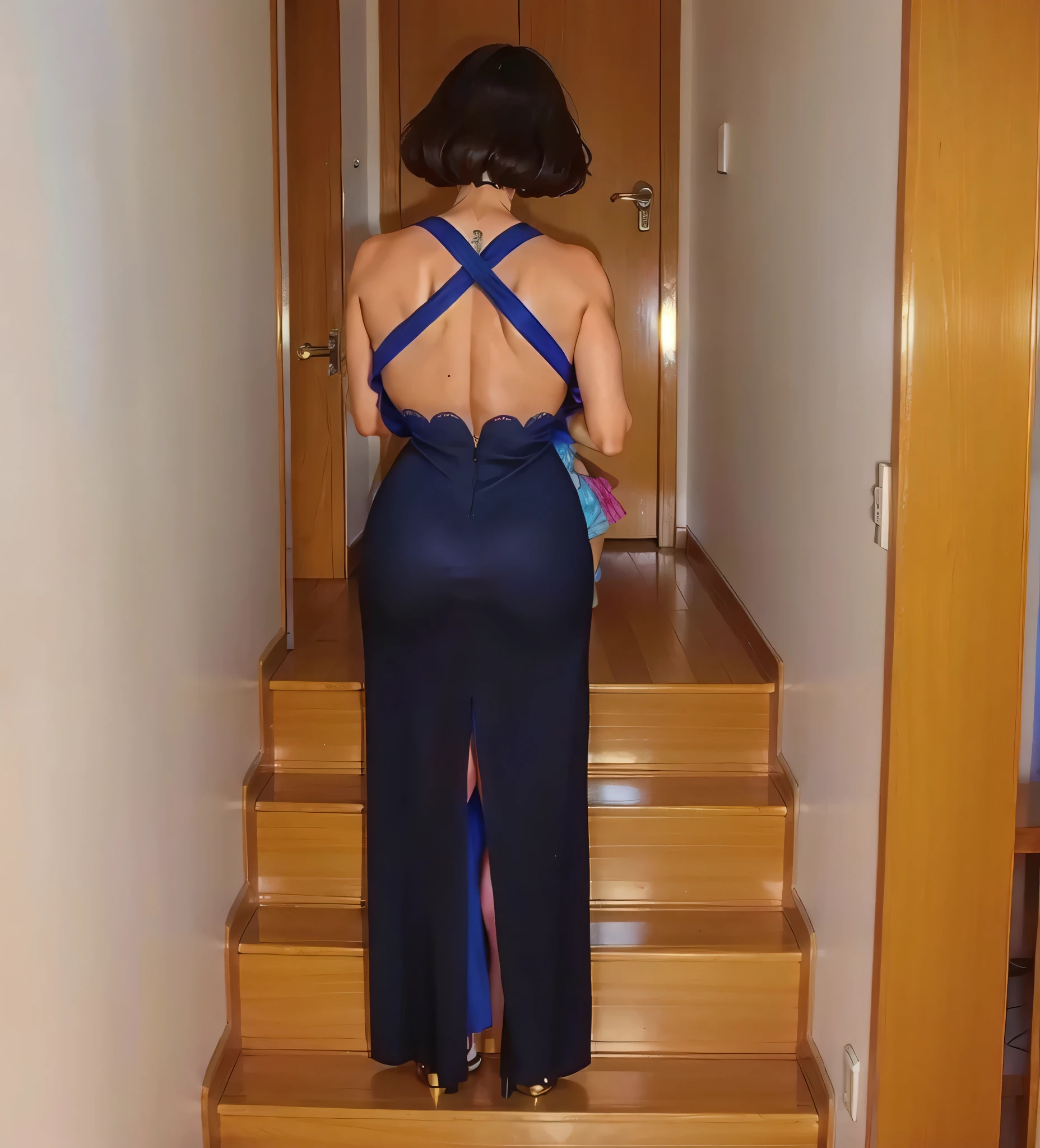 mulher em um vestido azul escuro, subindo um lance de escadas, photo taken from behind, vestido aberto, fenda traseira, usando um vestido longo, from behind, 8k.