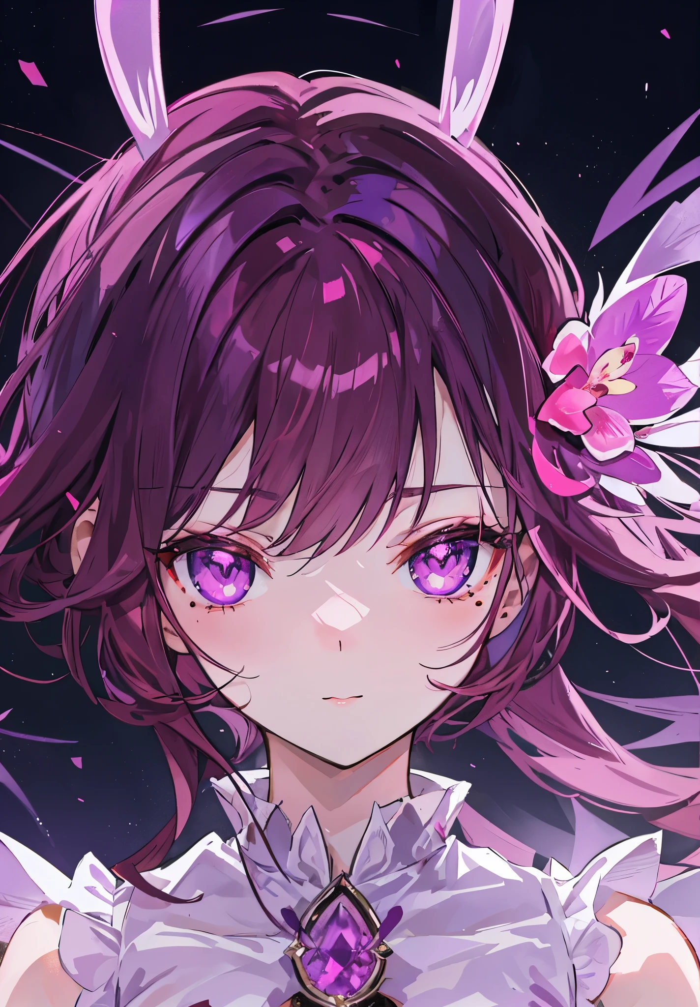 Pink-purple red pupils，beautiful purple brown hair，There is a mole in the center of the eyebrow，The face is white and tender，As cute as a rabbit，Violet orchid，Red crystal for decoration，The body is glowing with pink-purple fluorescence，Looks very sweet，Very cute