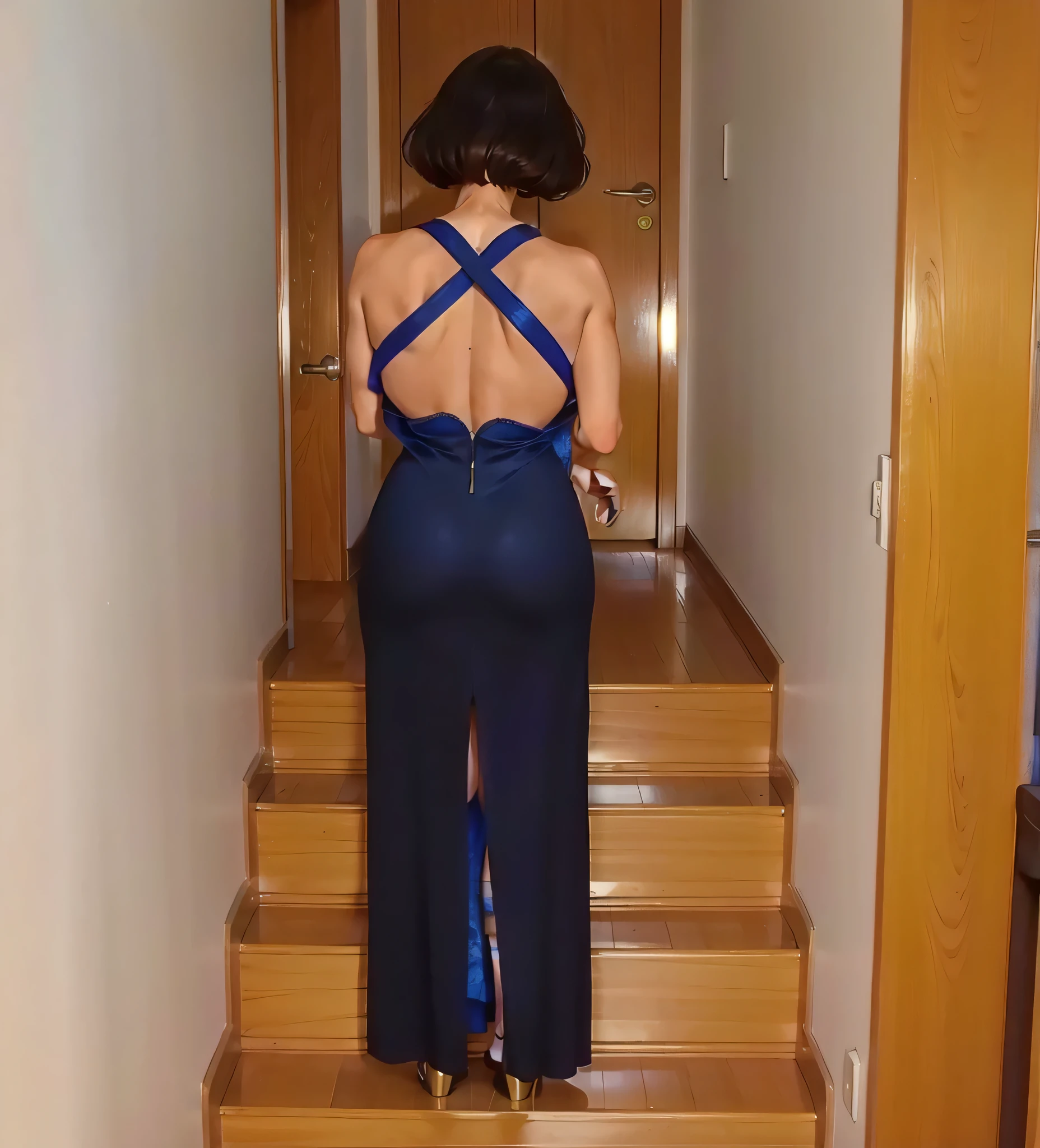 mulher em um vestido azul escuro, subindo um lance de escadas, photo taken from behind, vestido aberto, fenda traseira, usando um vestido longo, from behind, 8k.