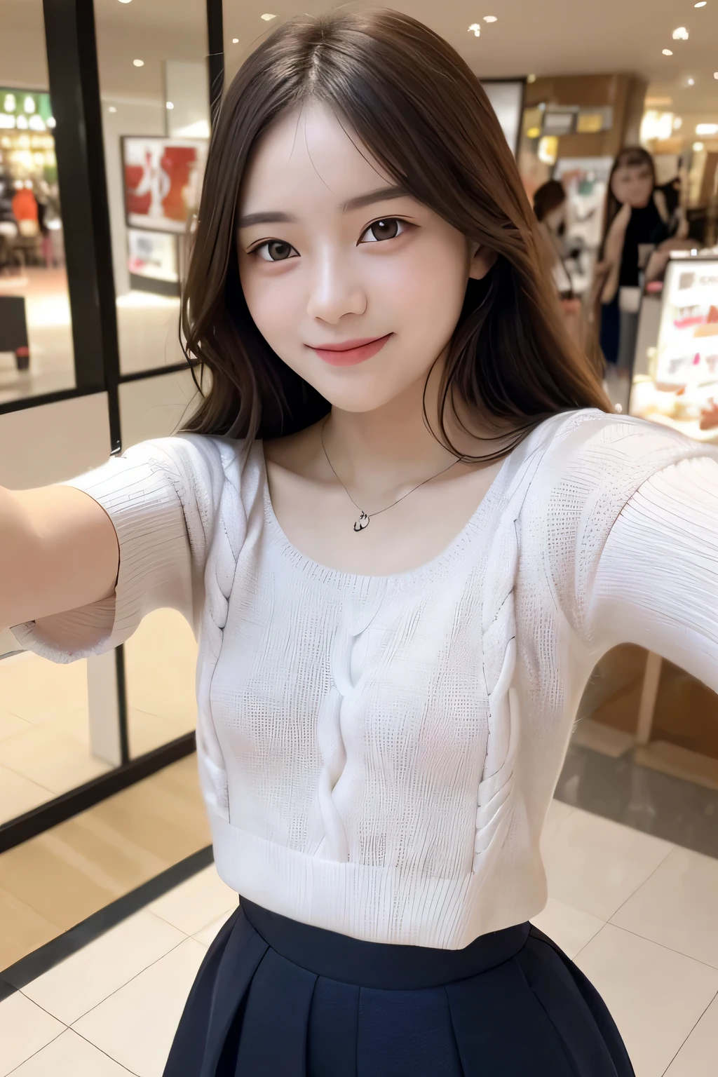 pieces fly、masterpiece、highest quality、Super detailed、High resolution、High resolution、8K portrait、unity 8k wallpaper、Detailed CG、unity 8k wallpaper、Detailed CGユニティ8kの壁紙、realistic、real person、portrait photography、shiny skin、（20-year-old:1.2）、(cute:1.2)、High resolution、beautiful clear eyes、very detailed explanation、delicate face、cute face、nice lips、thin waist、thin legs、(eight-headed body:1.6)、1 girl、(Shopping mall:1.2)、(flat chest:1.8)、(Short sleeve sweater:1.5)、(flare skirt:1.3)、(big smile:1.2)、(Self snap:1.6)、(small face:1.5)