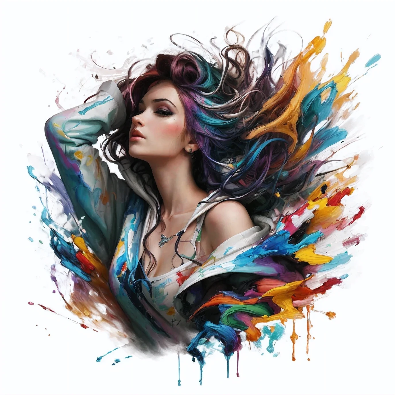 a painting of a woman with colorful hair and a hoodie, art of alessandro pautasso, expressive beautiful painting, gorgeous digital art, beautiful gorgeous digital art, beautiful digital artwork, exquisite digital illustration, beautiful digital art, intricate oil painting artwork, colorful digital painting, stunning digital art, inspiring digital art, breathtaking digital art, colorful art, contemporary digital art, vibrant digital painting