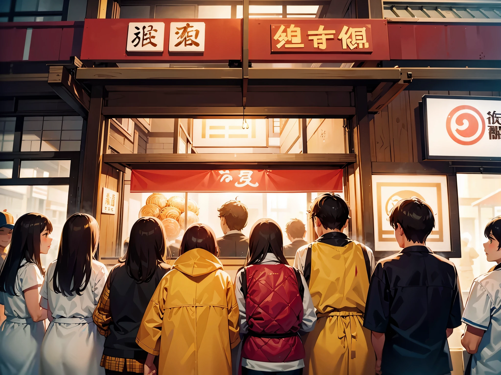 People lining up at a ramen shop々, Long queues, Ramen sign, boring waiting time, Standing in a row,