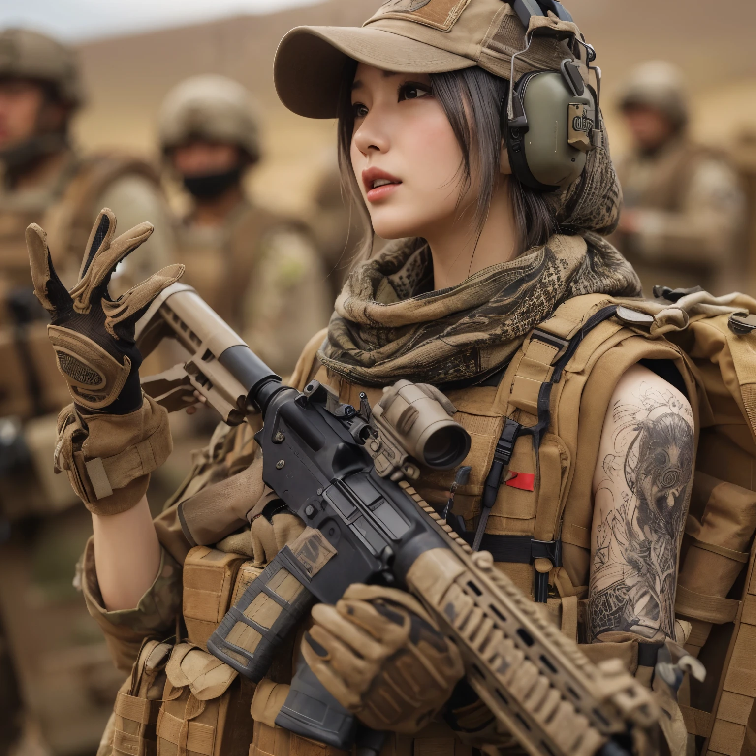 photorealistic、Realistic skin textures、A beautiful Japanese woman belonging to the U.S. military is talking with gestures at a base camp set up in a wasteland.、tent、military vehicle、automatic rifle propped up、bulletproof vest、afghan scarf、baseball cap、Backpack、Heavy equipment、tattoo、boots、scratch、Action poses with movement、